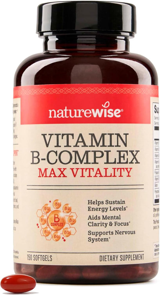 NatureWise Vitamin B Complex Softgels for Energy & Clarity - Folic Acid, Biotin, B1, B2, B3, B6, B12 - Men & Women - 150 Softgels