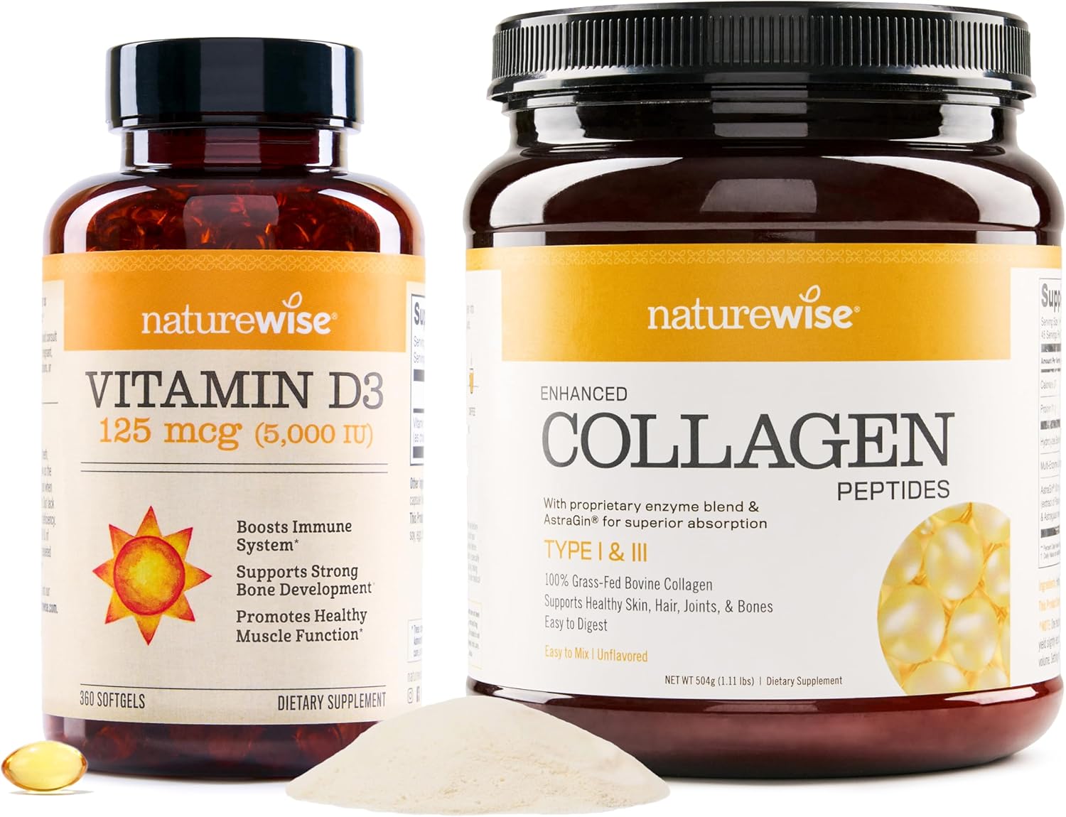 NatureWise Vitamin D3 5000iu (125 mcg) 1 Year Supply for Muscle Function & Collagen Peptides - Hydrolyzed Type I & III