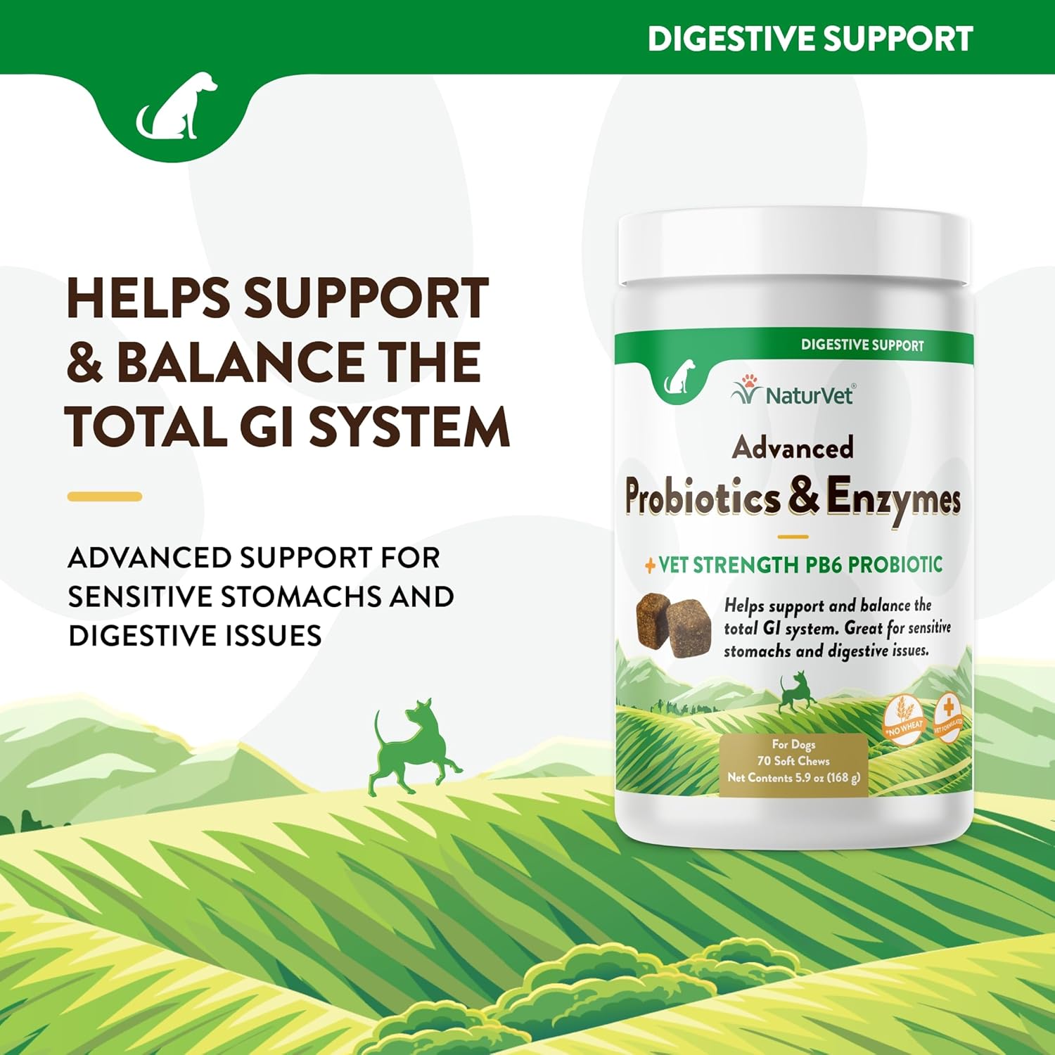 NaturVet Advanced Probiotic Soft Chews with Vet Strength PB6 - USA-Made with Global Ingredients - 70 Count