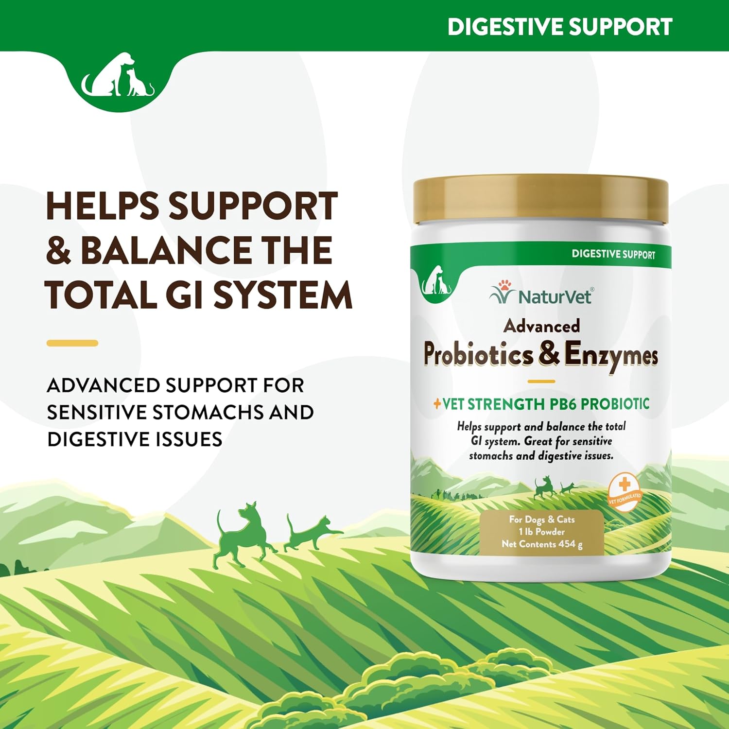 NaturVet Advanced Probiotics & Enzymes with Vet Strength PB6 Probiotic for Dogs & Cats - Supports Sensitive Stomachs & Digestive Health (1 lb)