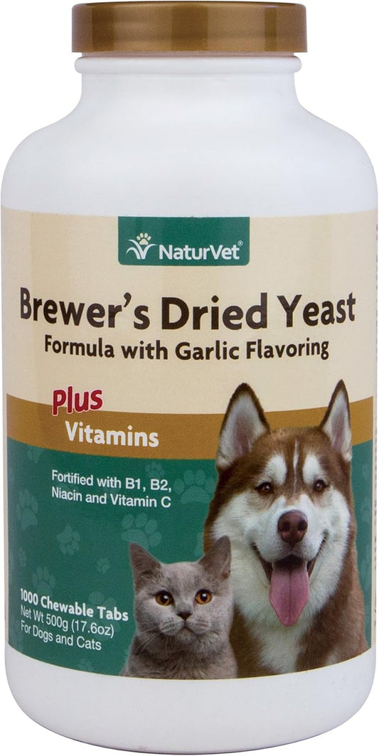 NaturVet Brewers Dried Yeast Formula with Garlic Flavoring Vitamins for Dogs and Cats, Chewable Tablets - 1000 Count - USA Made