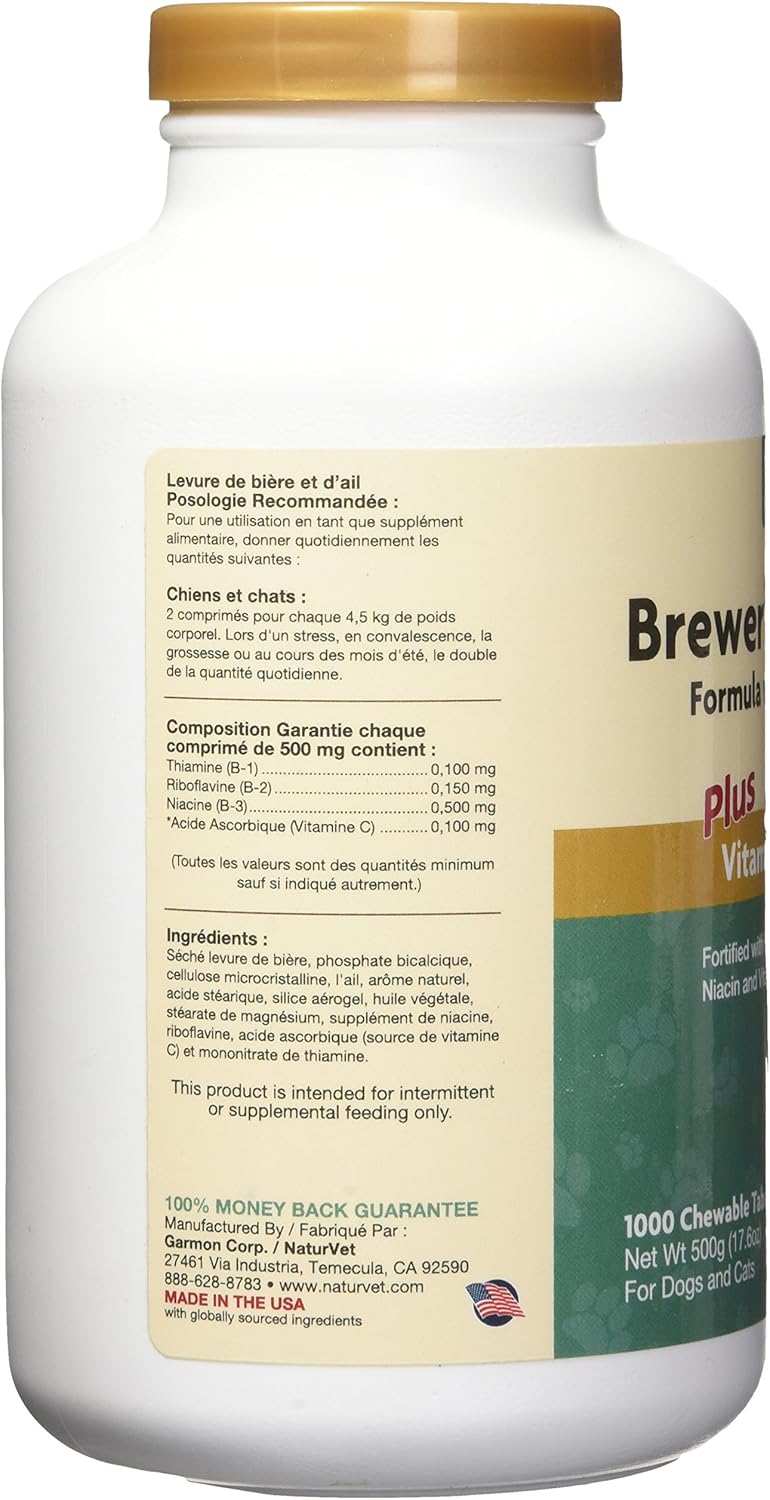 NaturVet Brewers Dried Yeast Formula with Garlic Flavoring Vitamins for Dogs and Cats, Chewable Tablets - 1000 Count - USA Made
