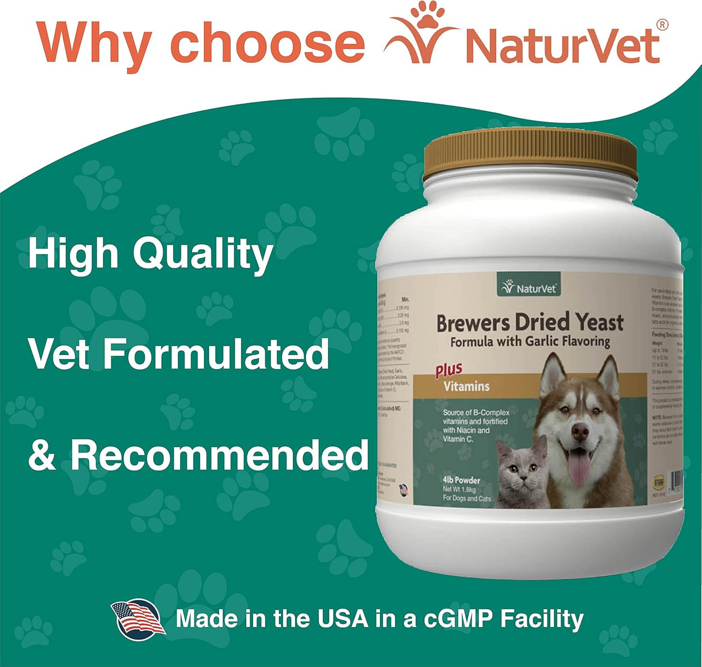 NaturVet Brewer's Dried Yeast Formula with Garlic Flavoring for Healthy Skin & Coat - 4 lb Powder for Dogs & Cats - Enriched with Vitamins B-1, B-2, Niacin, & Vitamin C