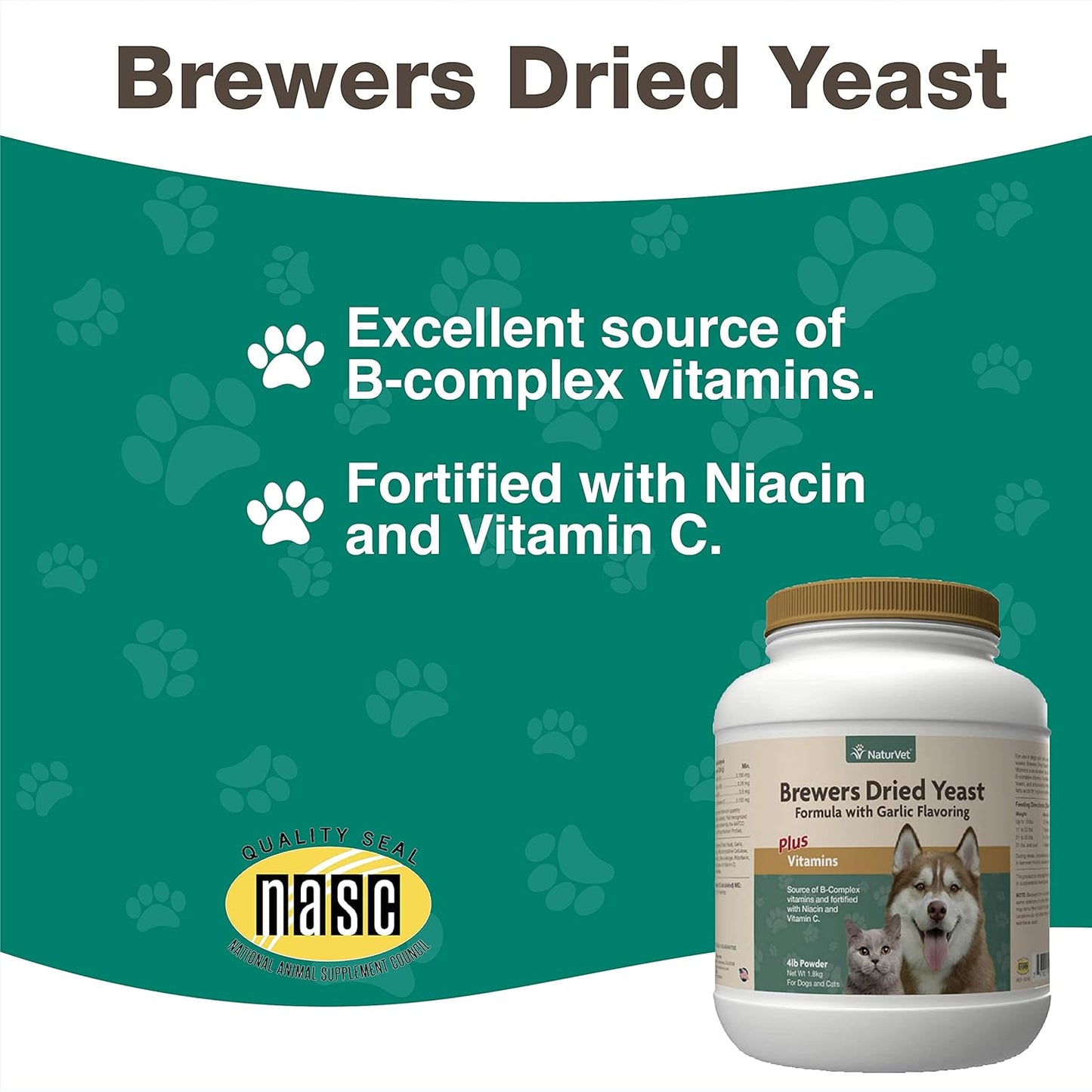 NaturVet Brewer's Dried Yeast Formula with Garlic Flavoring for Healthy Skin & Coat - 4 lb Powder for Dogs & Cats - Enriched with Vitamins B-1, B-2, Niacin, & Vitamin C