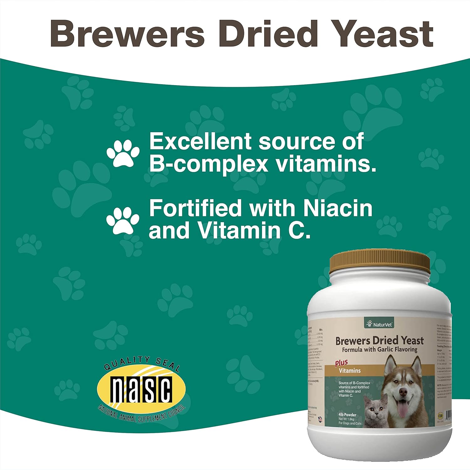 NaturVet Brewer's Dried Yeast Formula with Garlic Flavoring for Healthy Skin & Coat - 4 lb Powder for Dogs & Cats - Enriched with Vitamins B-1, B-2, Niacin, & Vitamin C