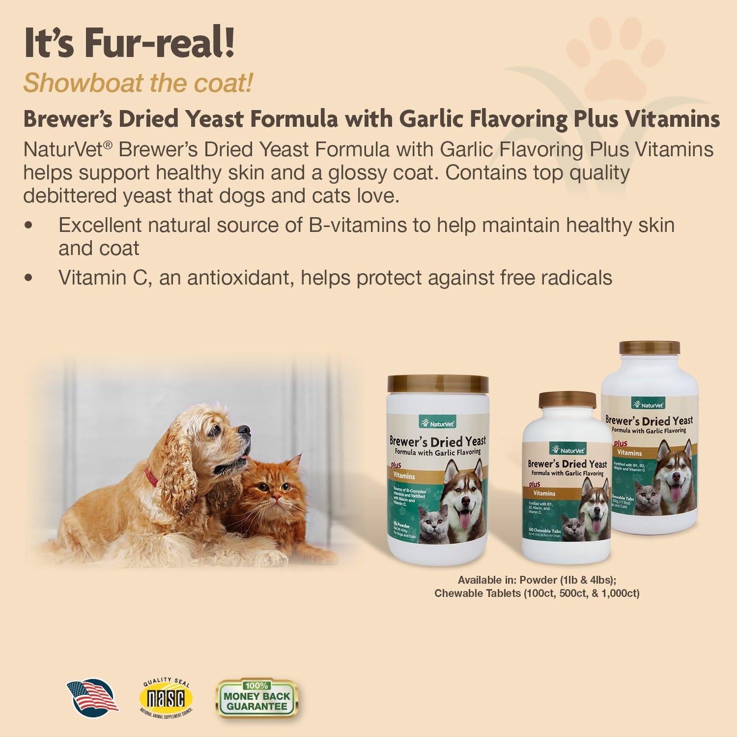 NaturVet Brewers Dried Yeast Formula with Garlic Flavoring Vitamins for Dogs and Cats, Chewable Tablets - 1000 Count - USA Made
