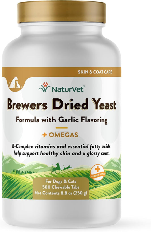 NaturVet Brewer's Dried Yeast Pet Supplement with Garlic Flavoring - 500 Ct - Supports Healthy Skin & Coat for Dogs and Cats