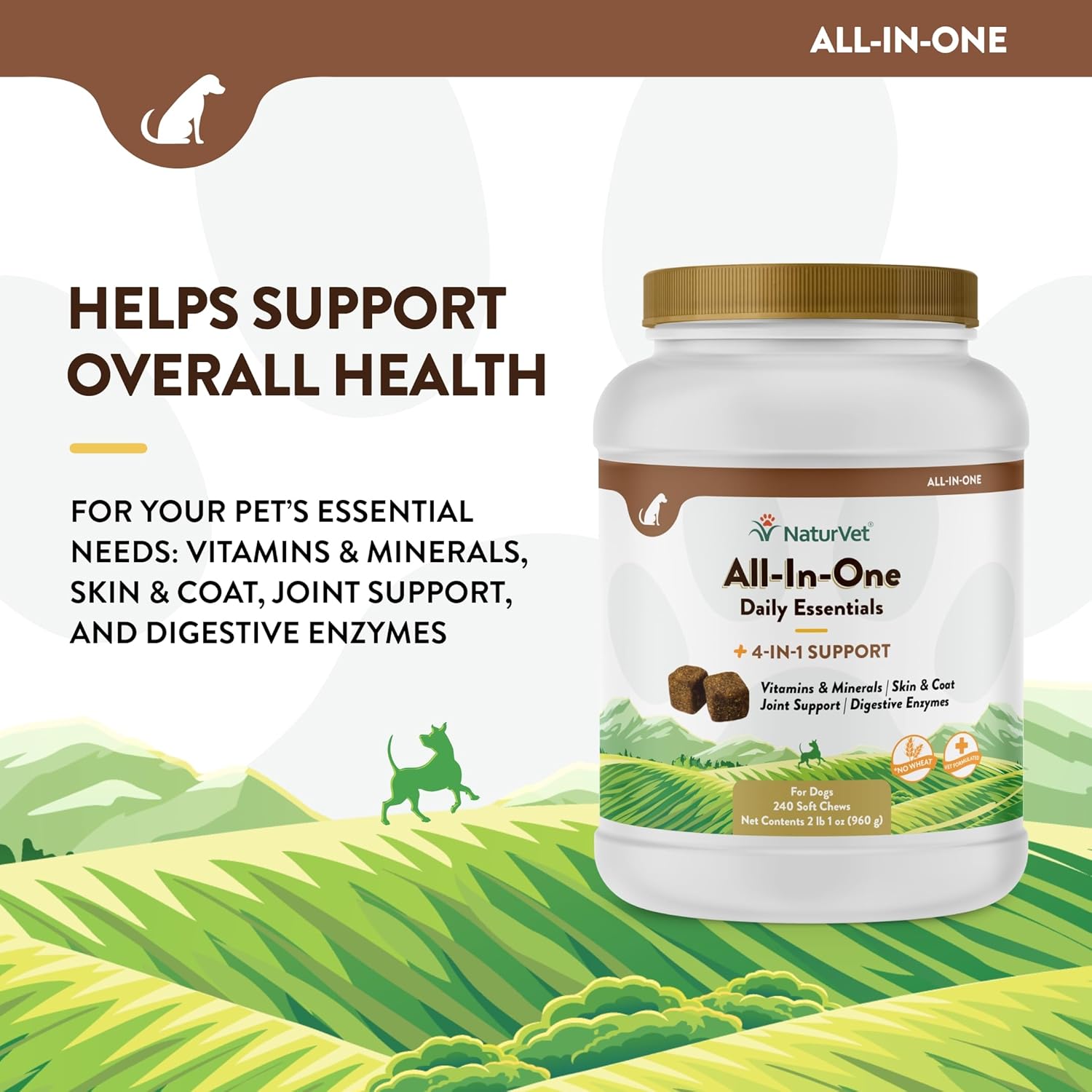 NaturVet Dog Supplement for Joint Support, Digestion, Skin & Coat Care - Multivitamins with Omega-3, 6, 9 - 240 Soft Chews