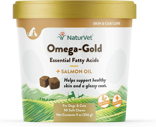 NaturVet Omega-Gold Plus Salmon Oil Soft Chews for Dogs & Cats - Supports Skin & Coat Health with DHA, EPA, Omega-3, & Omega-6 - 90 Chews