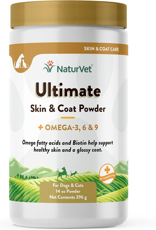 NaturVet Skin and Coat Powder with Omega 3, 6, and 9 for Dogs and Cats - 14 Ounce USA-Made Supplement