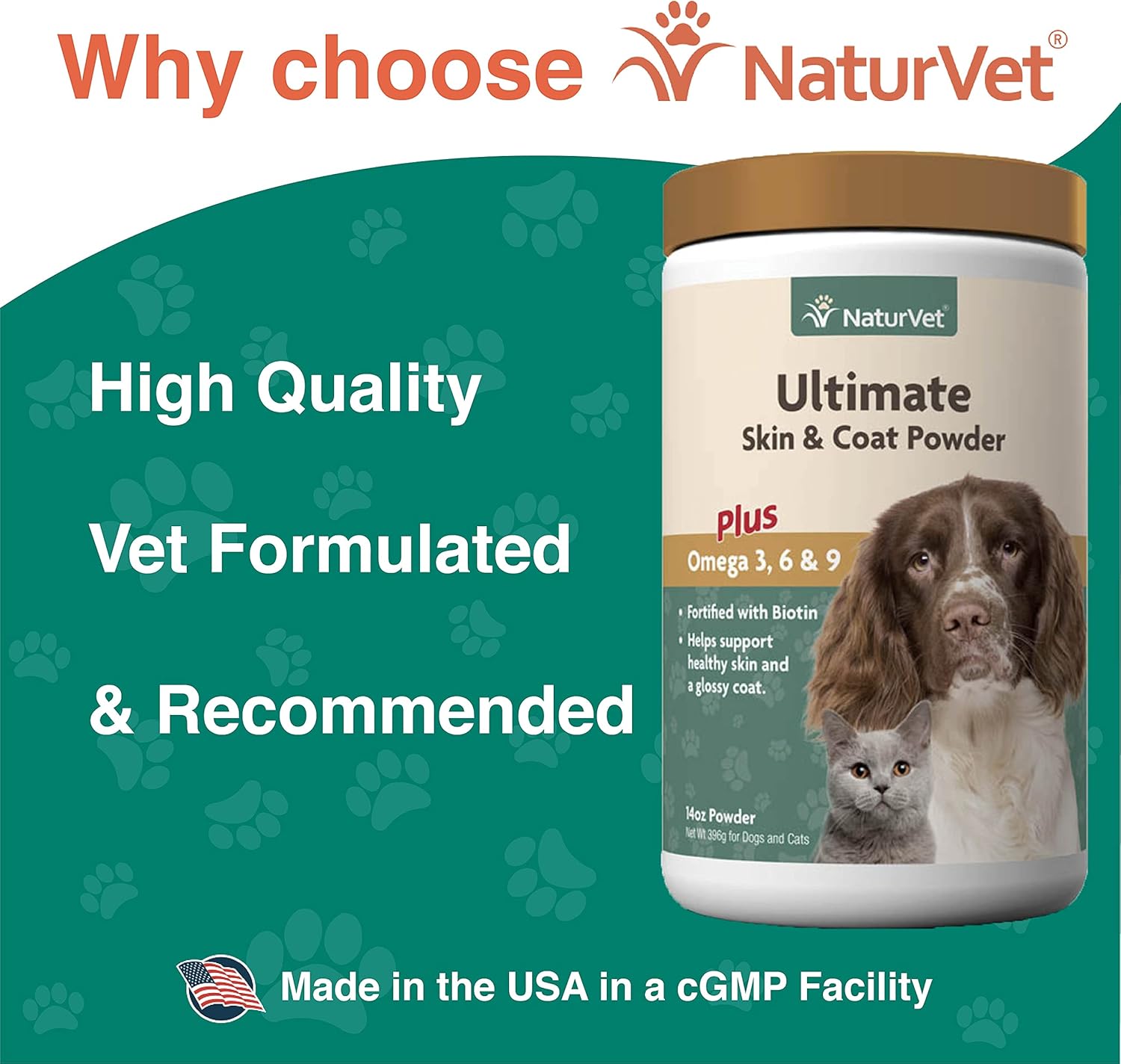 NaturVet Skin and Coat Powder with Omega 3, 6, and 9 for Dogs and Cats - 14 Ounce USA-Made Supplement