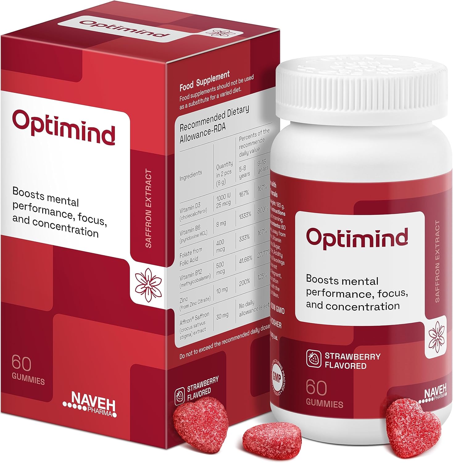 NAVEH PHARMA® OptiMind - Focus Supplement for Kids | Natural Saffron Supplements | Memory and Mood Support Gummies