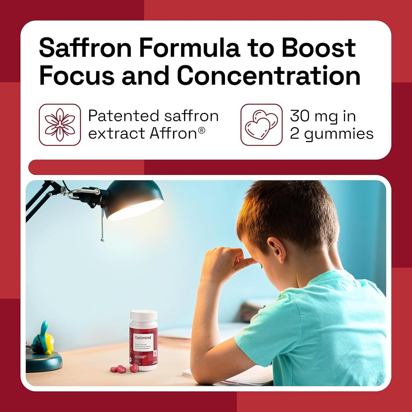 NAVEH PHARMA® OptiMind - Focus Supplement for Kids | Natural Saffron Supplements | Memory and Mood Support Gummies