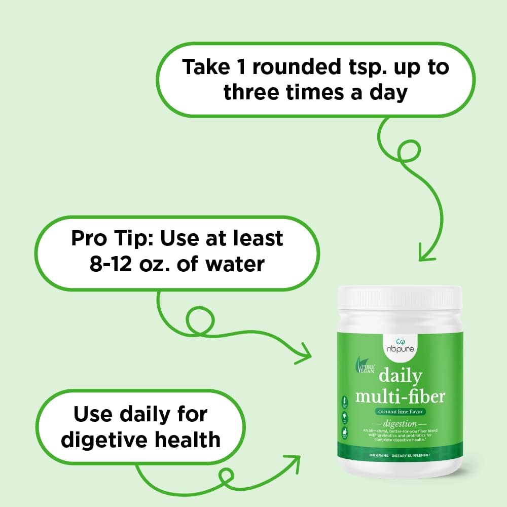 nbpure Daily Fiber Powder Blend with Prebiotic, Insoluble, Soluble Fiber + Probiotics - Digestive Health, Cholesterol & Weight Management - Coconut Lime Flavor for Women, Men, Kids