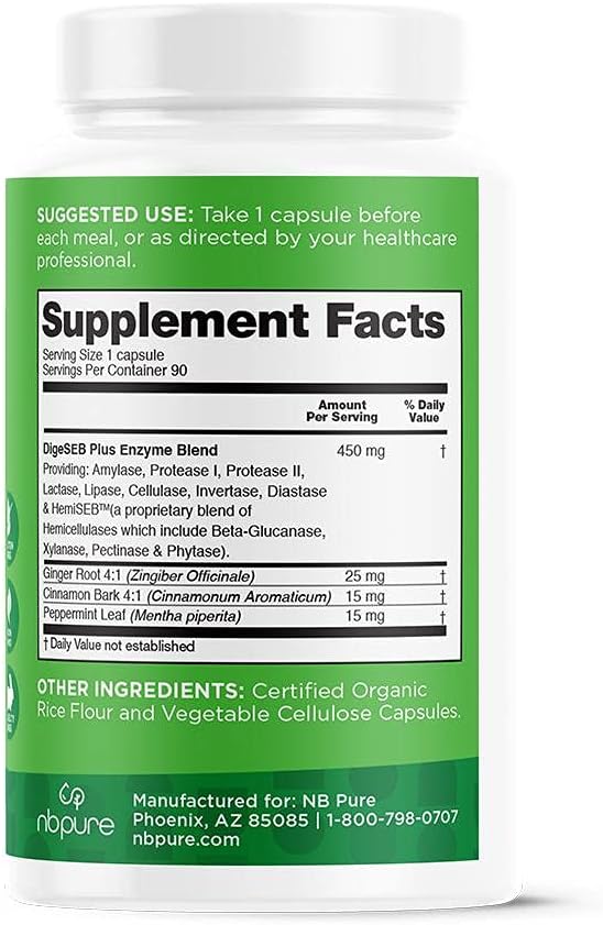 Nbpure Vegan Digestive Enzyme Complex for Men and Women - Supports Daily Digestion with 12 Enzymes and 3 Herbs, Including Lactase, Protease, Lipase, Ginger, Cinnamon, and Peppermint