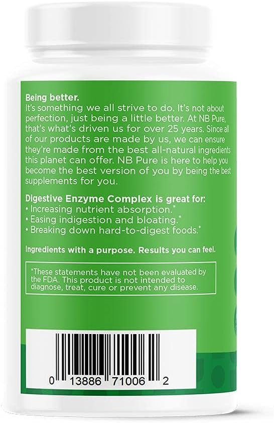 Nbpure Vegan Digestive Enzyme Complex for Men and Women - Supports Daily Digestion with 12 Enzymes and 3 Herbs, Including Lactase, Protease, Lipase, Ginger, Cinnamon, and Peppermint