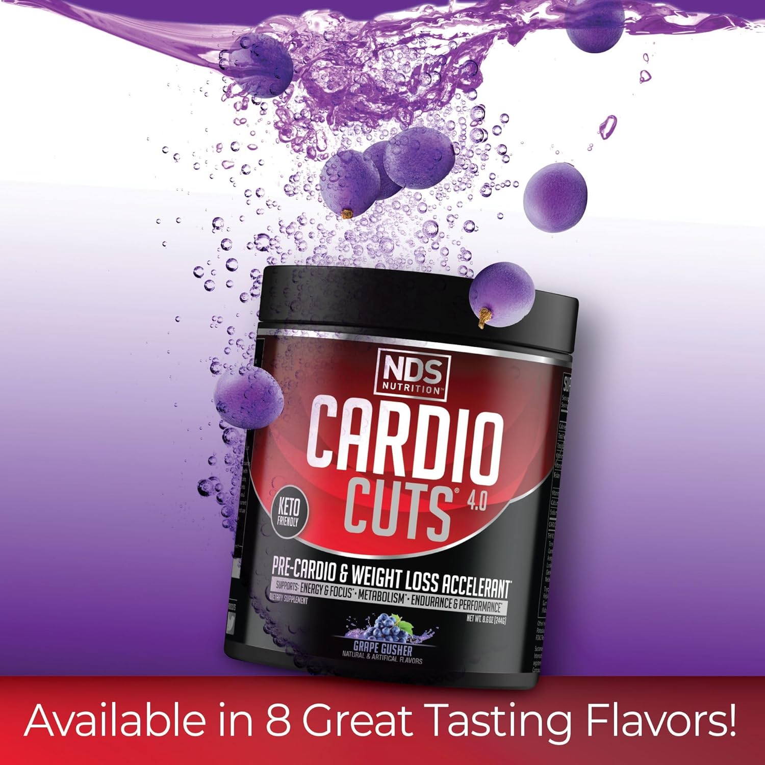 NDS Nutrition 4.0 Cardio Cuts Pre Workout Supplement - Grape Flavor, Advanced Weight Loss Formula with L-Carnitine, CLA, MCTs, L-Glutamine, and Safflower Oil - 40 Servings