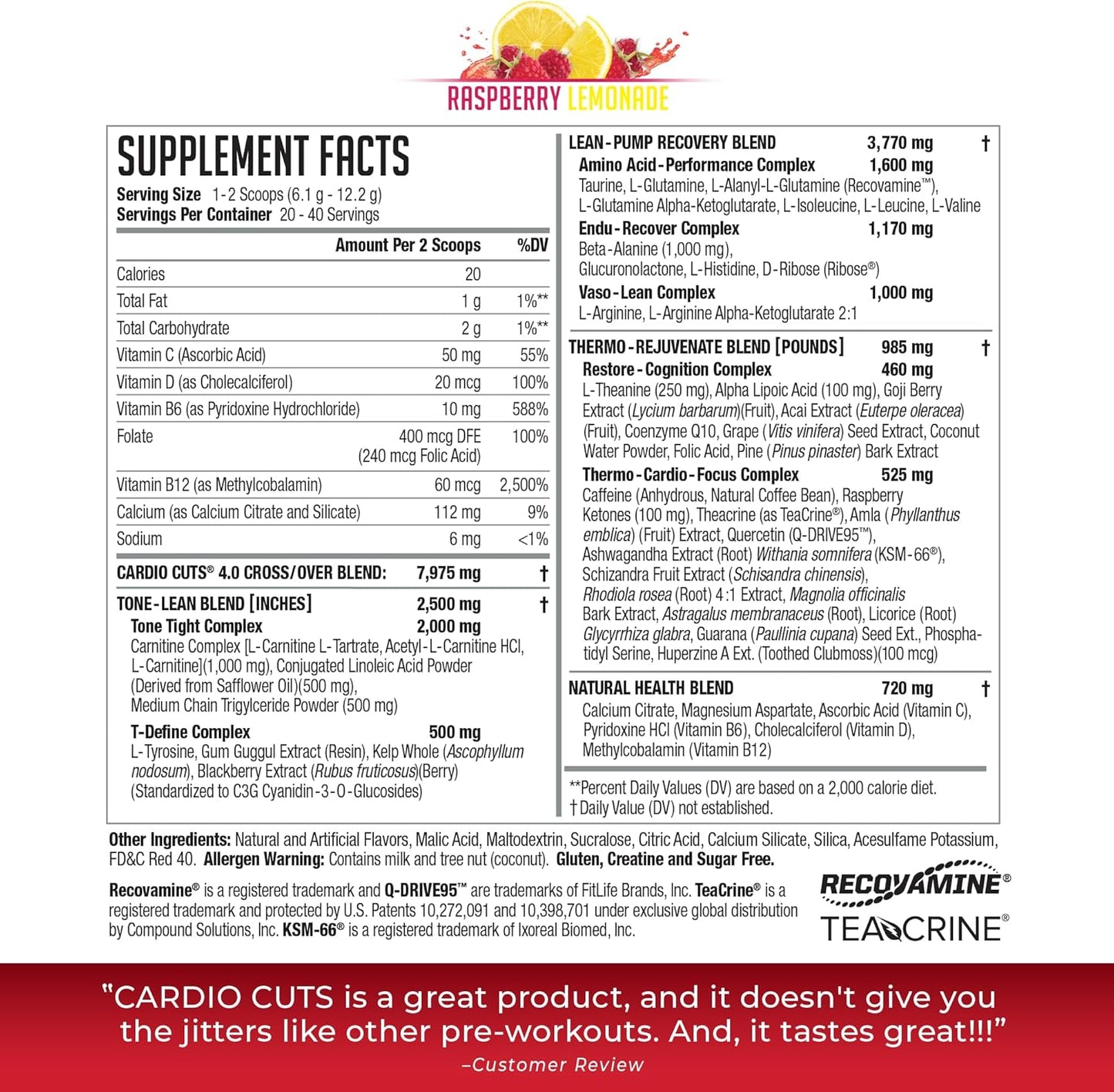 NDS Nutrition Cardio Cuts 4.0 Pre Workout Supplement - Advanced Weight Loss Formula with L-Carnitine, CLA, MCTs, L-Glutamine, Safflower Oil - Razz Lemonade (40 Servings)