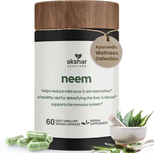 Neem Capsules with Extract & Leaf Powder - Herbal Supplement for Clear Skin & Detox - Vegan Neem Leaf Capsules (60 Count)
