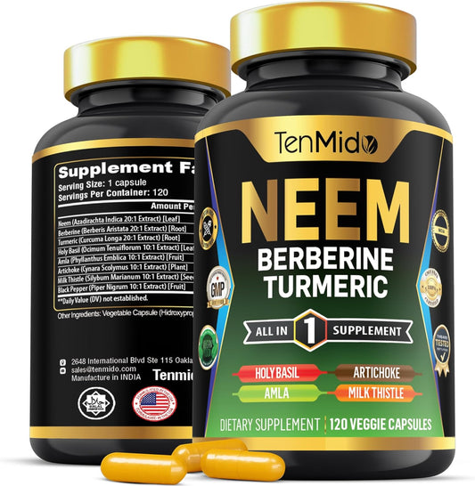 Neem Leaf Supplement with 8in1 Formula for Immune Support - 120 Capsules, 4 Months Supply - Berberine, Turmeric, Holy Basil, Amla, Artichoke, Milk Thistle, Black Pepper