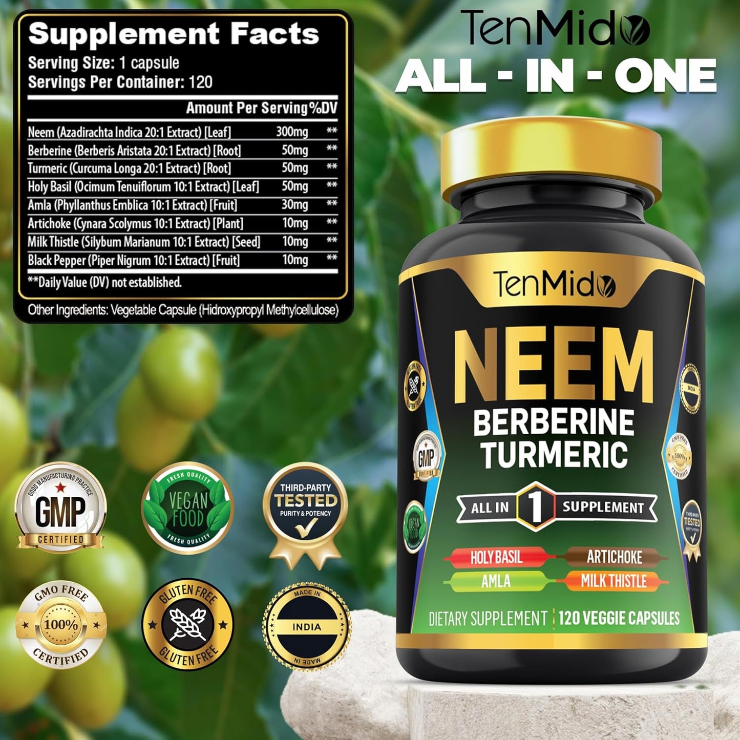 Neem Leaf Supplement with 8in1 Formula for Immune Support - 120 Capsules, 4 Months Supply - Berberine, Turmeric, Holy Basil, Amla, Artichoke, Milk Thistle, Black Pepper