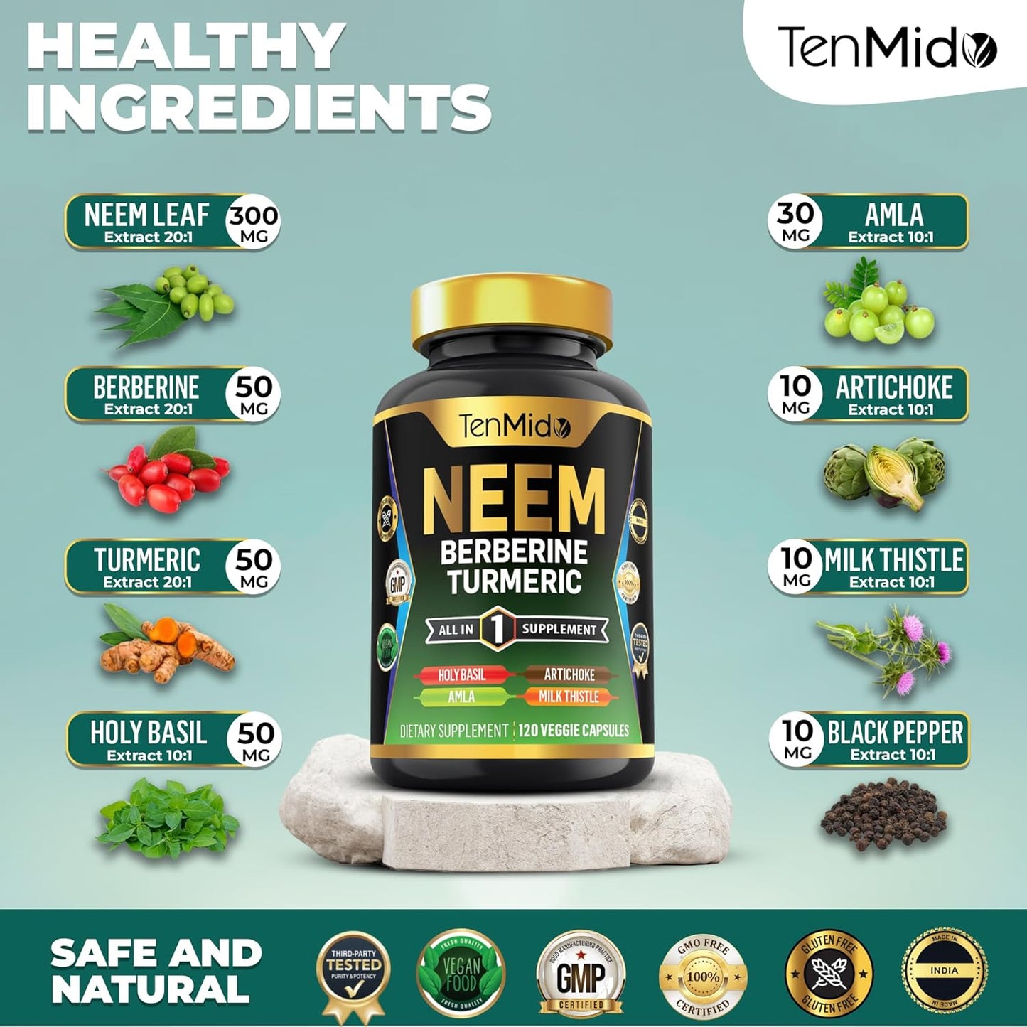 Neem Leaf Supplement with 8in1 Formula for Immune Support - 120 Capsules, 4 Months Supply - Berberine, Turmeric, Holy Basil, Amla, Artichoke, Milk Thistle, Black Pepper