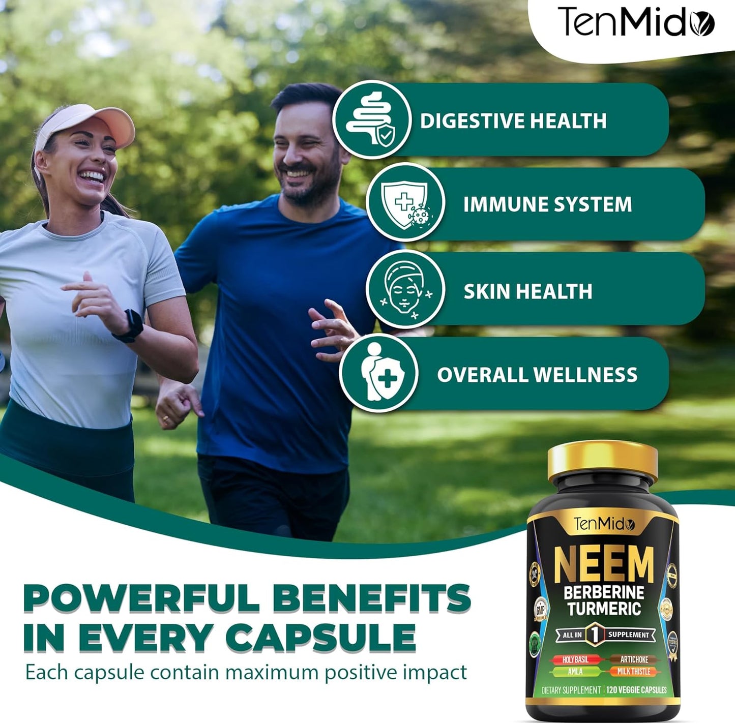 Neem Leaf Supplement with 8in1 Formula for Immune Support - 120 Capsules, 4 Months Supply - Berberine, Turmeric, Holy Basil, Amla, Artichoke, Milk Thistle, Black Pepper