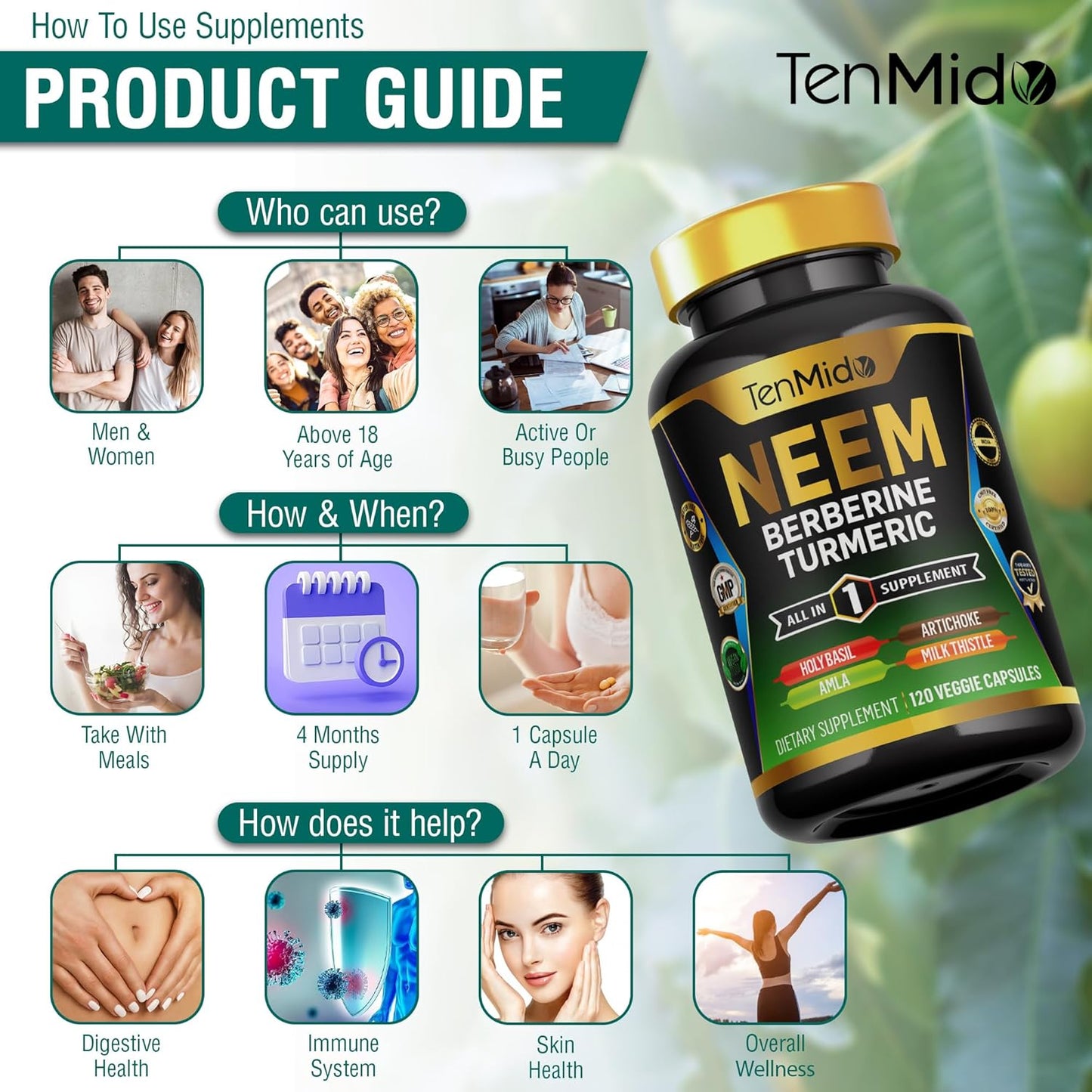 Neem Leaf Supplement with 8in1 Formula for Immune Support - 120 Capsules, 4 Months Supply - Berberine, Turmeric, Holy Basil, Amla, Artichoke, Milk Thistle, Black Pepper