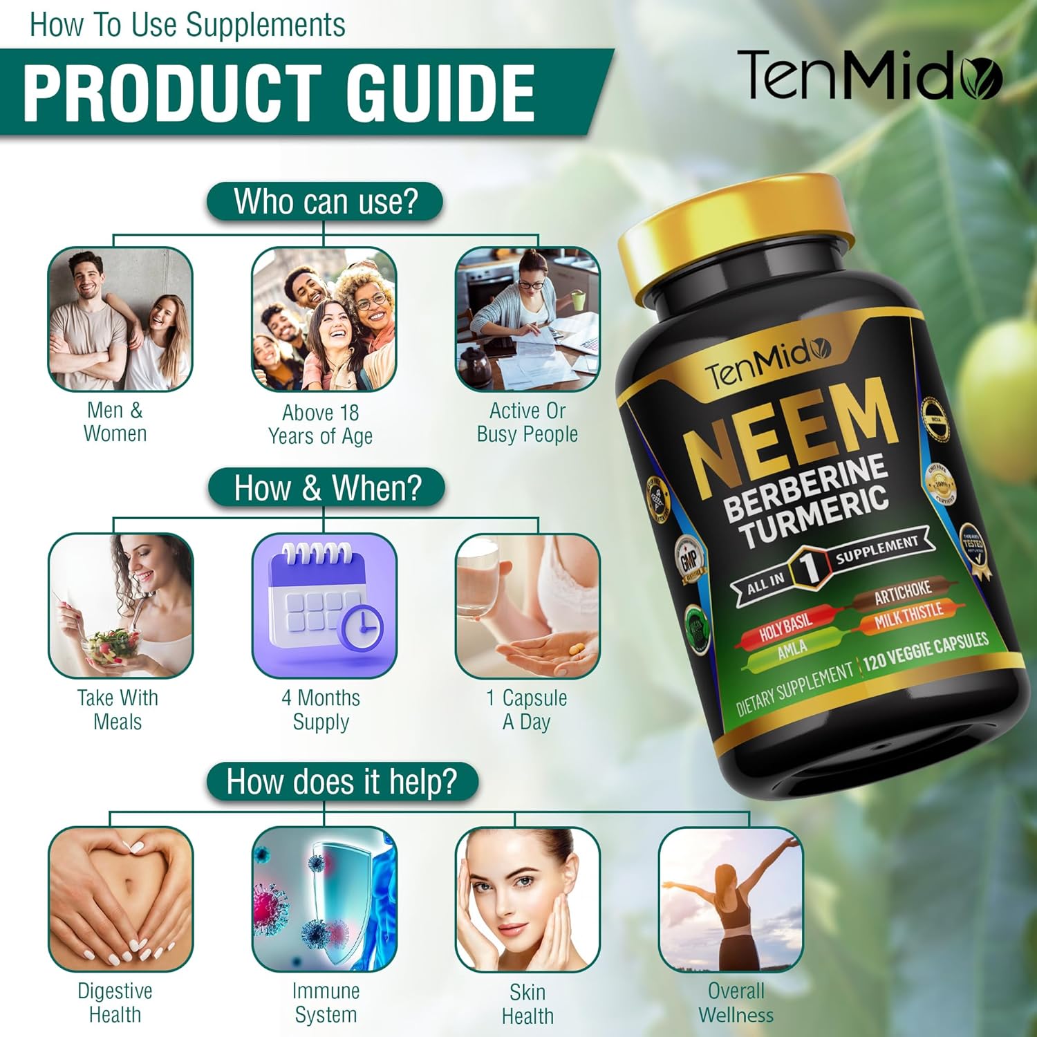 Neem Leaf Supplement with 8in1 Formula for Immune Support - 120 Capsules, 4 Months Supply - Berberine, Turmeric, Holy Basil, Amla, Artichoke, Milk Thistle, Black Pepper