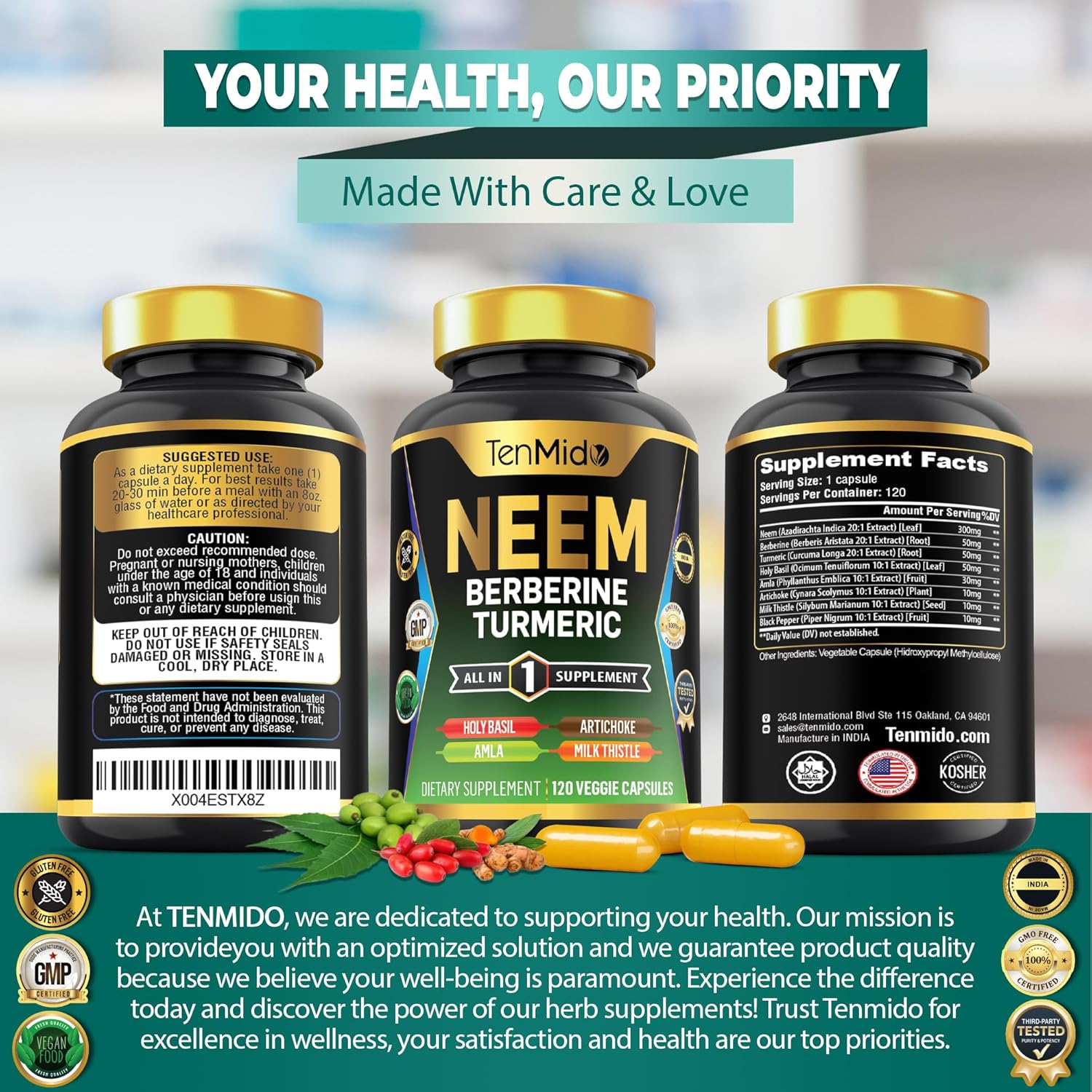 Neem Leaf Supplement with 8in1 Formula for Immune Support - 120 Capsules, 4 Months Supply - Berberine, Turmeric, Holy Basil, Amla, Artichoke, Milk Thistle, Black Pepper