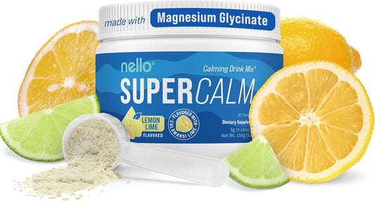 Nello Supercalm Lemon Lime Drink Mix with L Theanine, Ksm-66 Ashwagandha, Magnesium Glycinate, Vitamin D 3 - 30 Servings, Relaxation & Focus Supplements