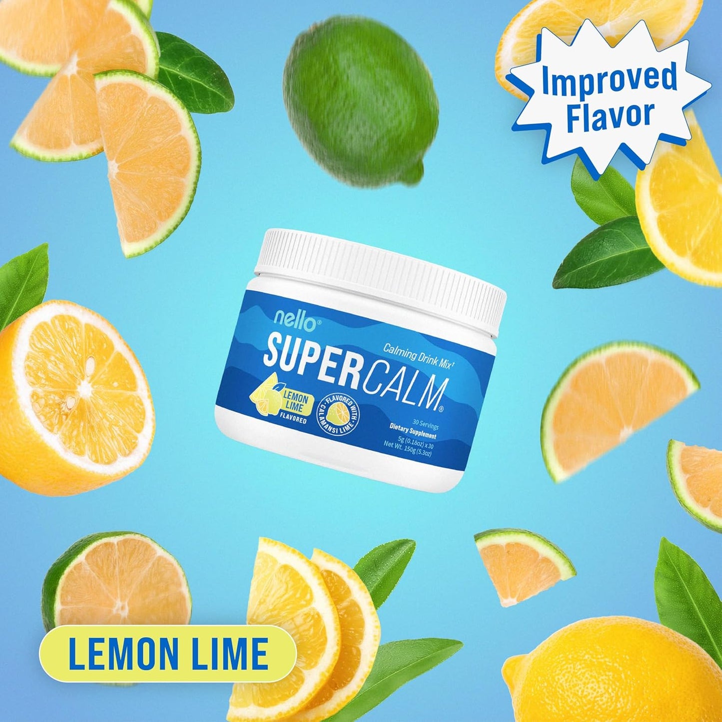 Nello Supercalm Lemon Lime Drink Mix with L Theanine, Ksm-66 Ashwagandha, Magnesium Glycinate, Vitamin D 3 - 30 Servings, Relaxation & Focus Supplements