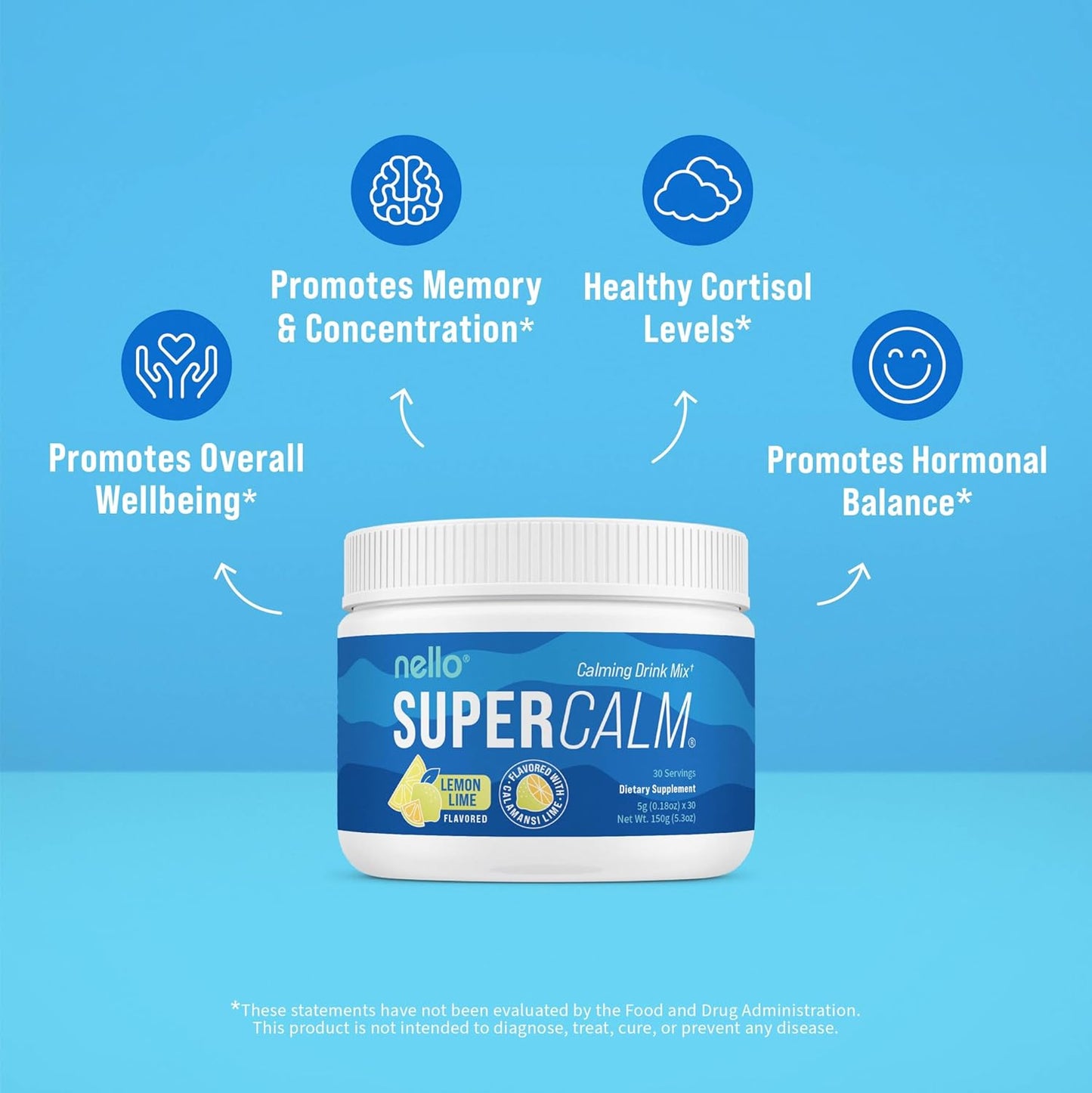 Nello Supercalm Lemon Lime Drink Mix with L Theanine, Ksm-66 Ashwagandha, Magnesium Glycinate, Vitamin D 3 - 30 Servings, Relaxation & Focus Supplements