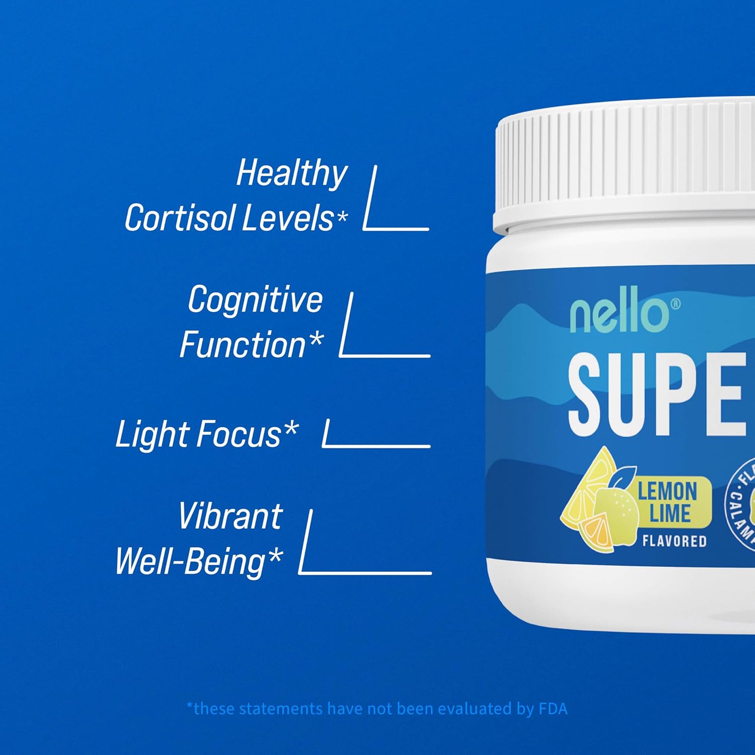 Nello Supercalm Lemon Lime Drink Mix with L Theanine, Ksm-66 Ashwagandha, Magnesium Glycinate, Vitamin D 3 - 30 Servings, Relaxation & Focus Supplements