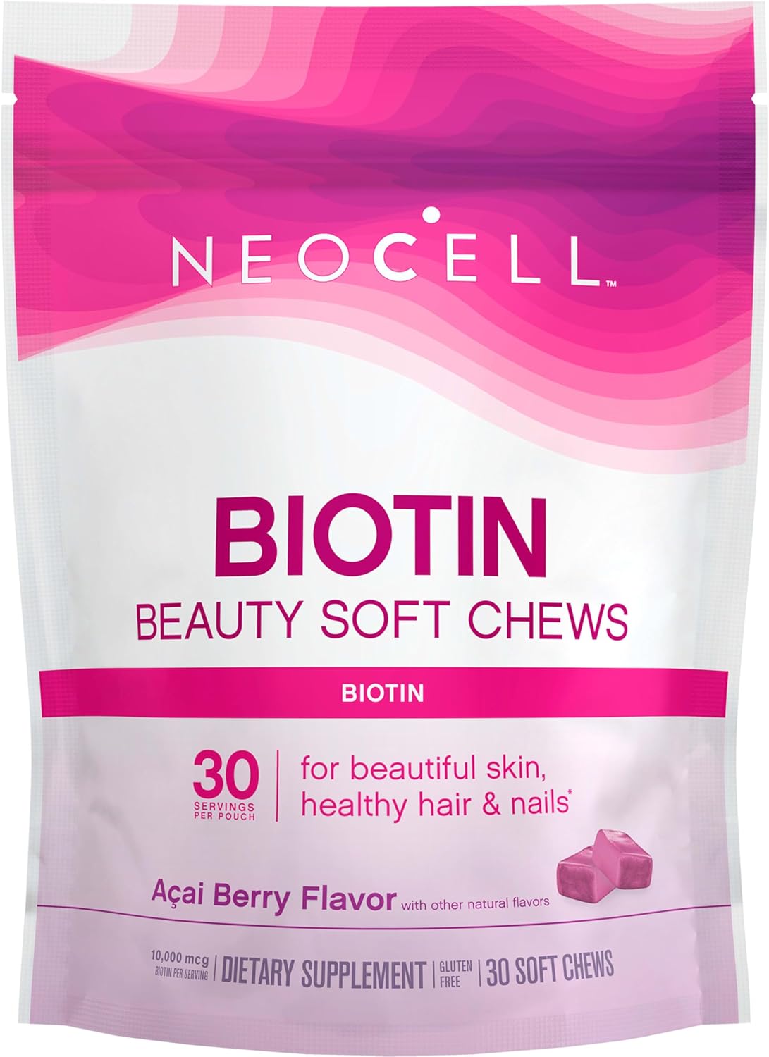 NeoCell Biotin Beauty Soft Chews with Acai Berry Flavor - Skin, Hair, Nails, Energy Support (30 Count)