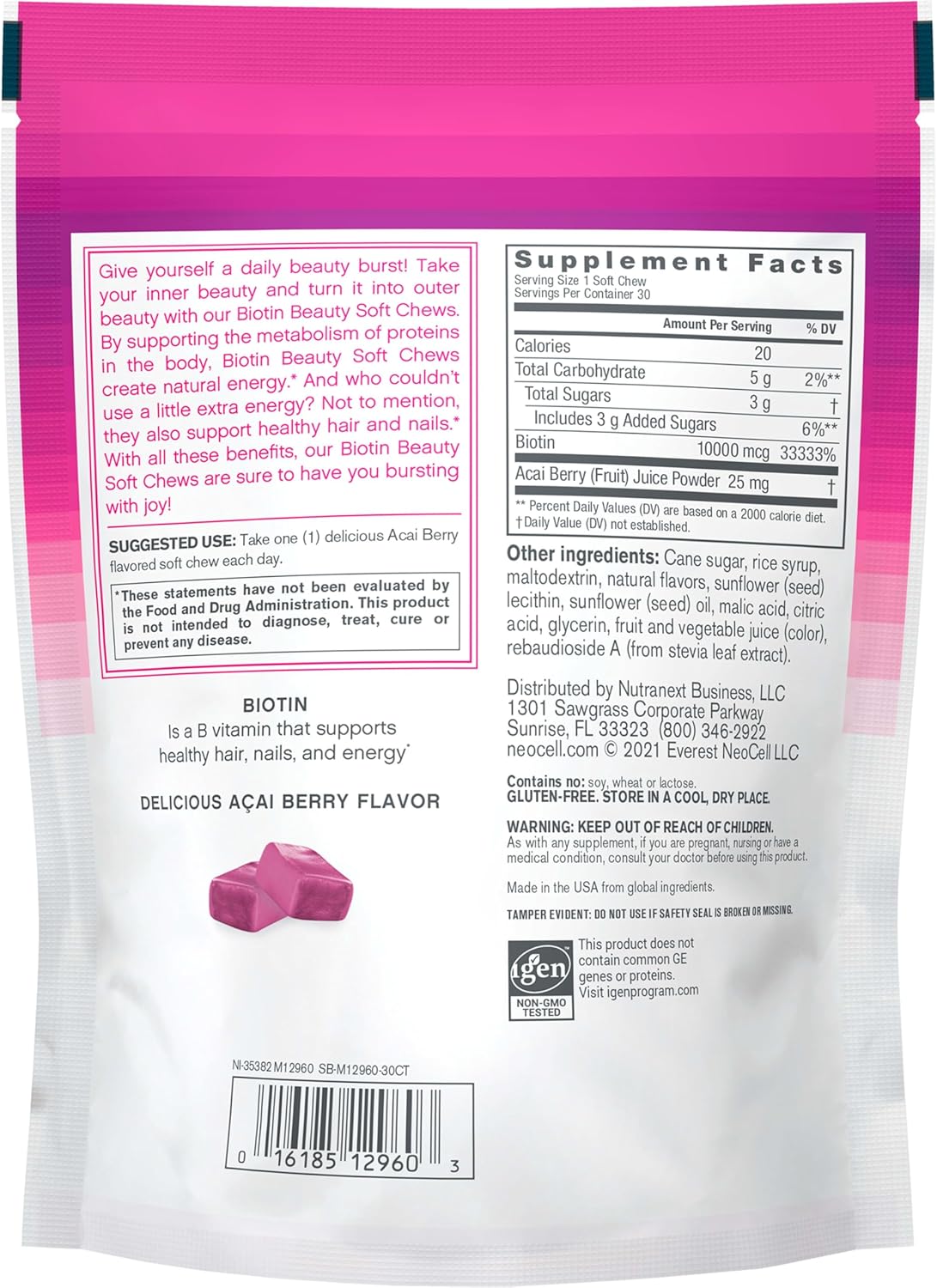 NeoCell Biotin Beauty Soft Chews with Acai Berry Flavor - Skin, Hair, Nails, Energy Support (30 Count)