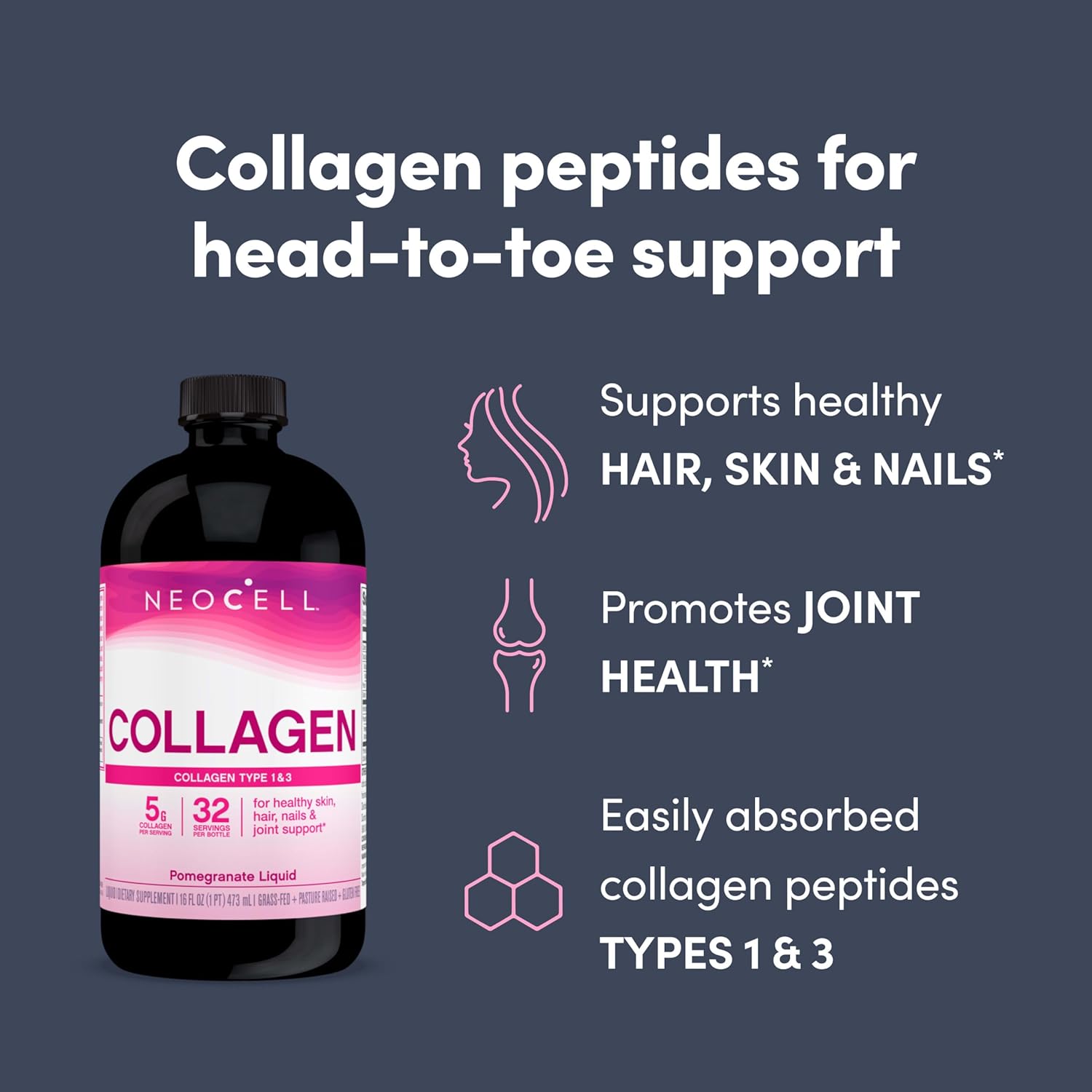 NeoCell Liquid Collagen Supplement with Fruit Juice Concentrates, Green Tea Blend, Pomegranate - Skin, Hair, Nails, Joints Support - 16 oz.