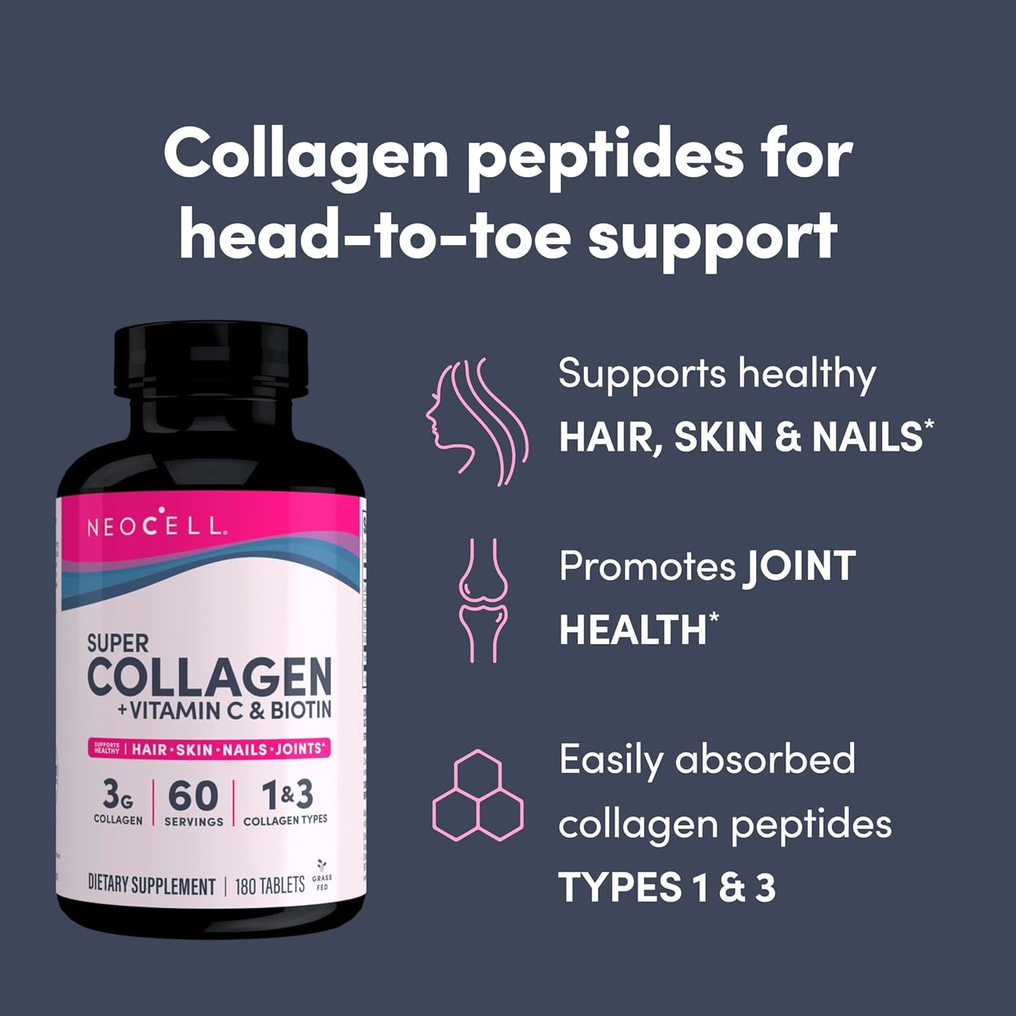 NeoCell Super Collagen Tablet with Vitamin C, Biotin, and Antioxidants for Skin, Hair, and Nails - 180 Count