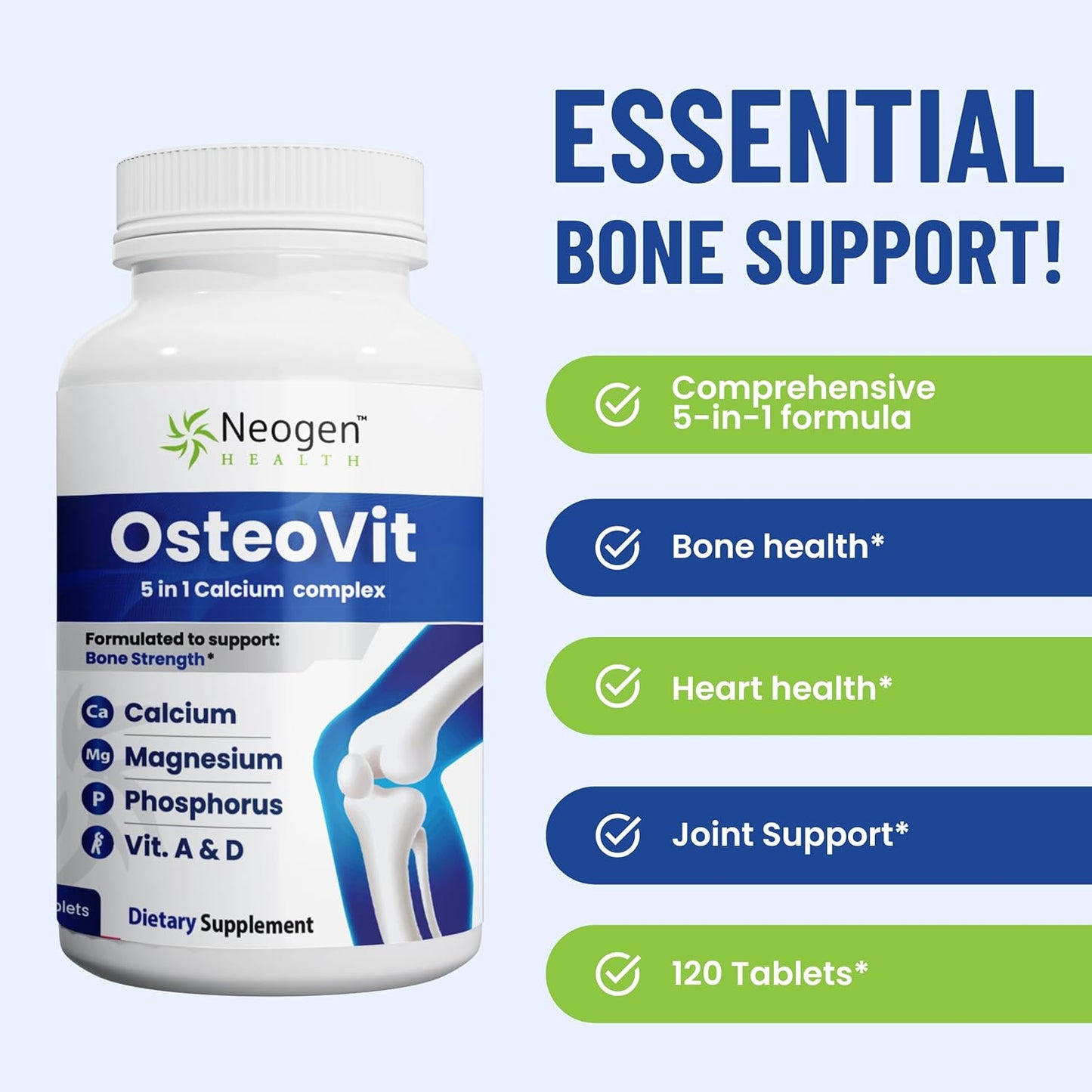 Neogen Health OsteoVit 5-in-1 Calcium Multivitamin 120 tabs - Bone Strength & Flexibility* - Non-GMO Gluten Free Supplement for Women & Men