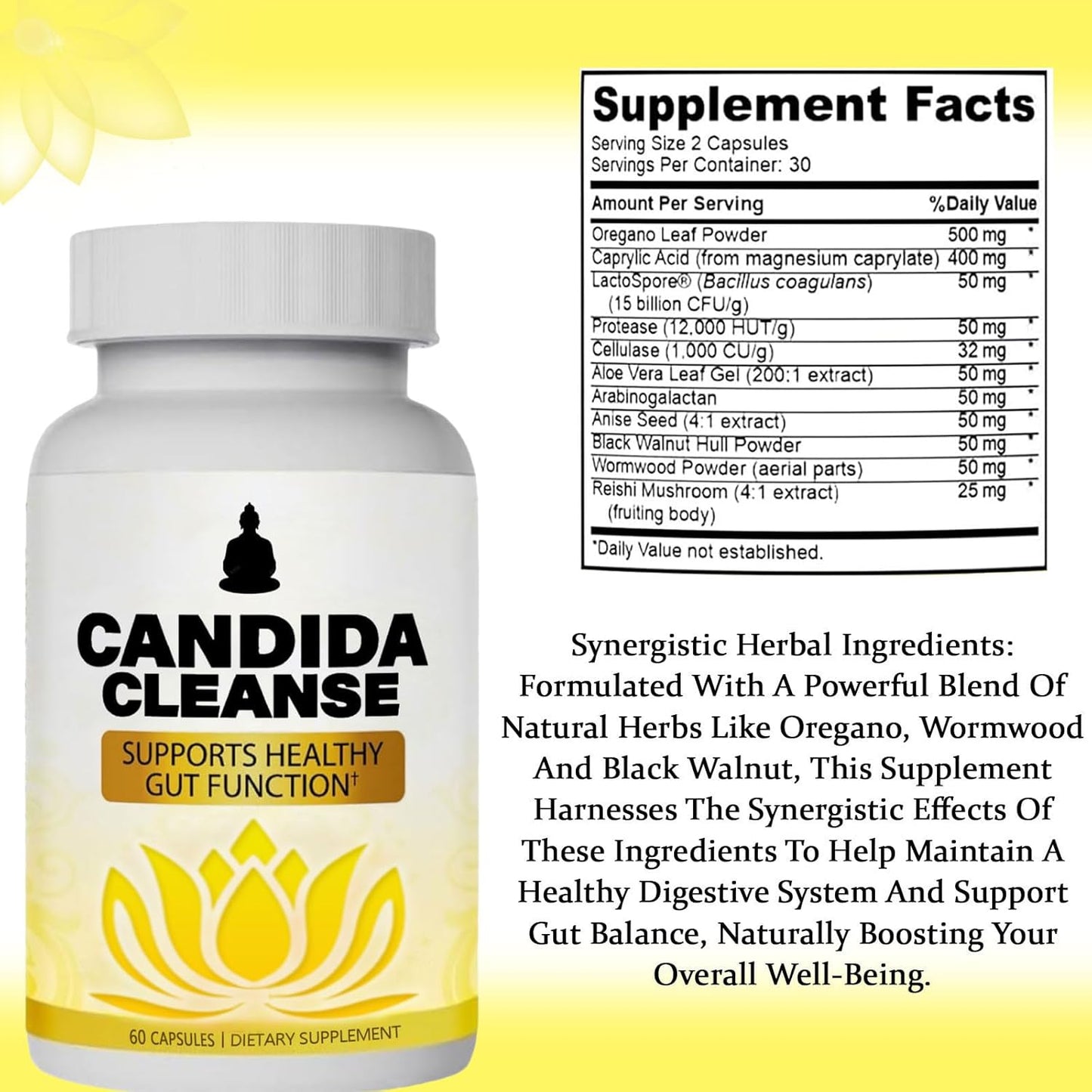 Neonomicon Candida Cleanse - Probiotic & Herbal Gut Support Supplement for Men & Women - 60 Capsules