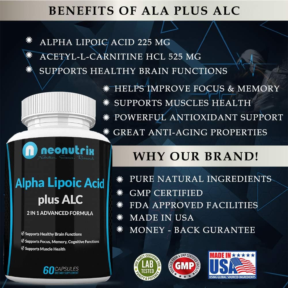 Neonutrix Alpha Lipoic Acid Plus Acetyl L-Carnitine Supplement for Brain & Muscle Health - 60 Capsules