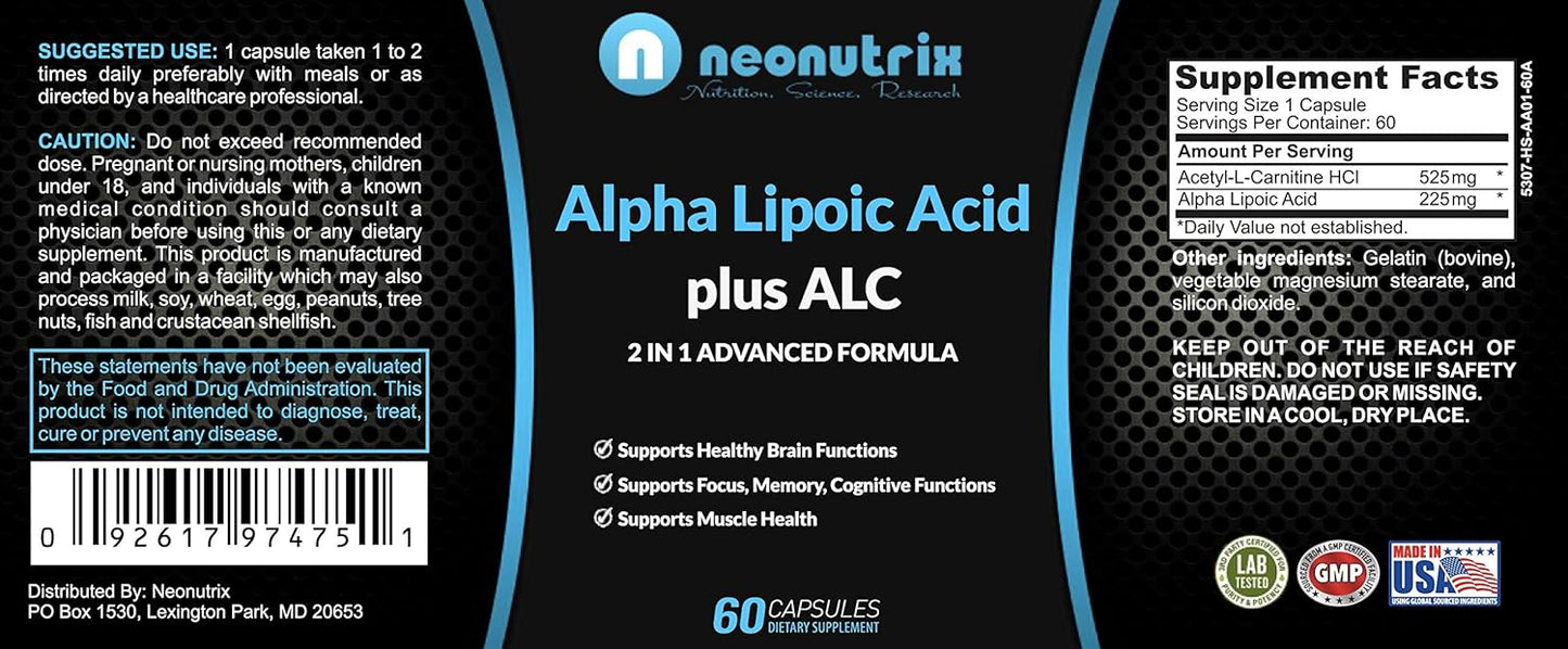 Neonutrix Alpha Lipoic Acid Plus Acetyl L-Carnitine Supplement for Brain & Muscle Health - 60 Capsules