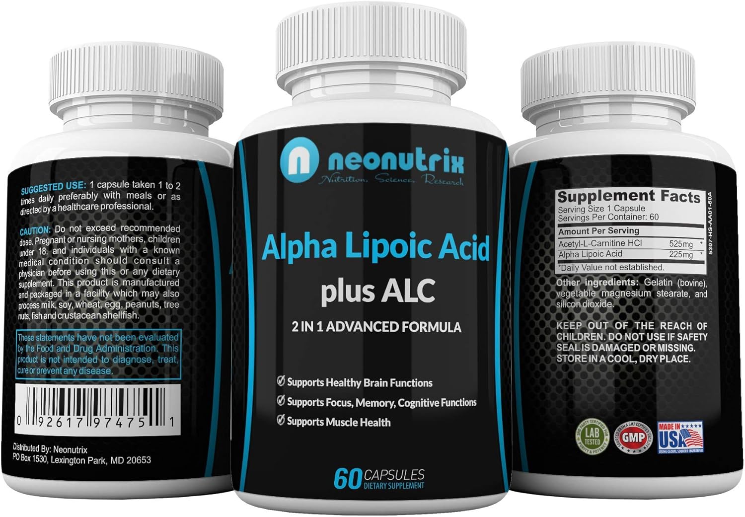 Neonutrix Alpha Lipoic Acid Plus Acetyl L-Carnitine Supplement for Brain & Muscle Health - 60 Capsules