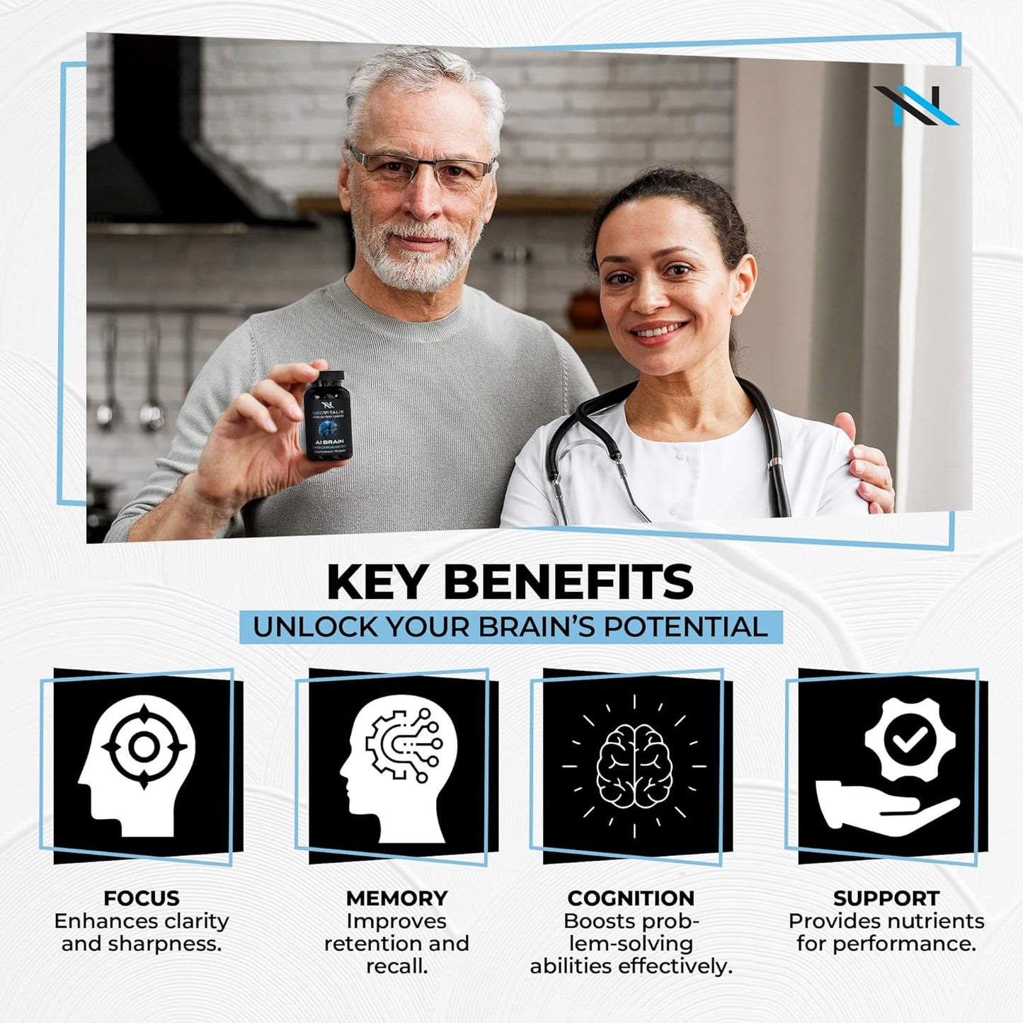 NeoVitalis Alpha Brain Nootropic Capsules - Cognitive Support Supplement for Memory & Focus - Vitamin B6, Herbal Extracts, Amino Acids - Caffeine-Free - 60 Capsules