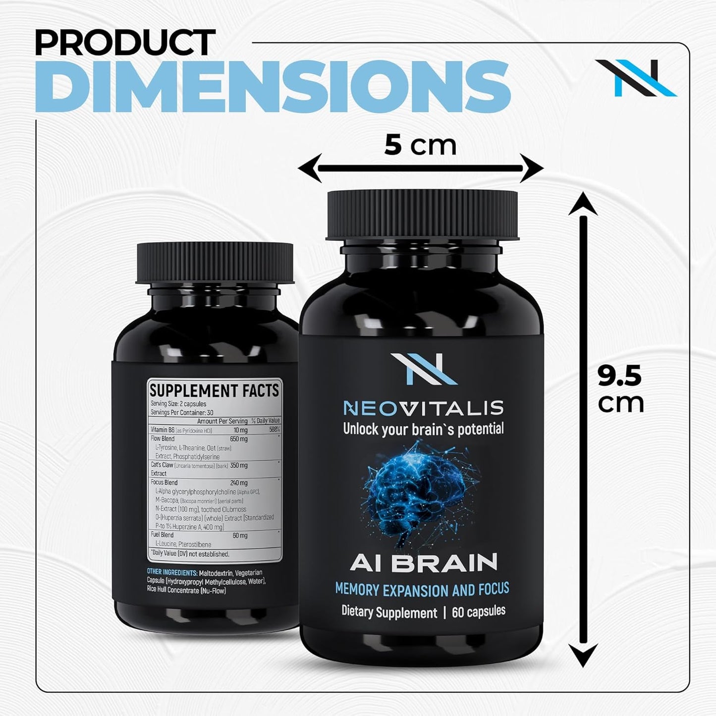 NeoVitalis Alpha Brain Nootropic Capsules - Cognitive Support Supplement for Memory & Focus - Vitamin B6, Herbal Extracts, Amino Acids - Caffeine-Free - 60 Capsules