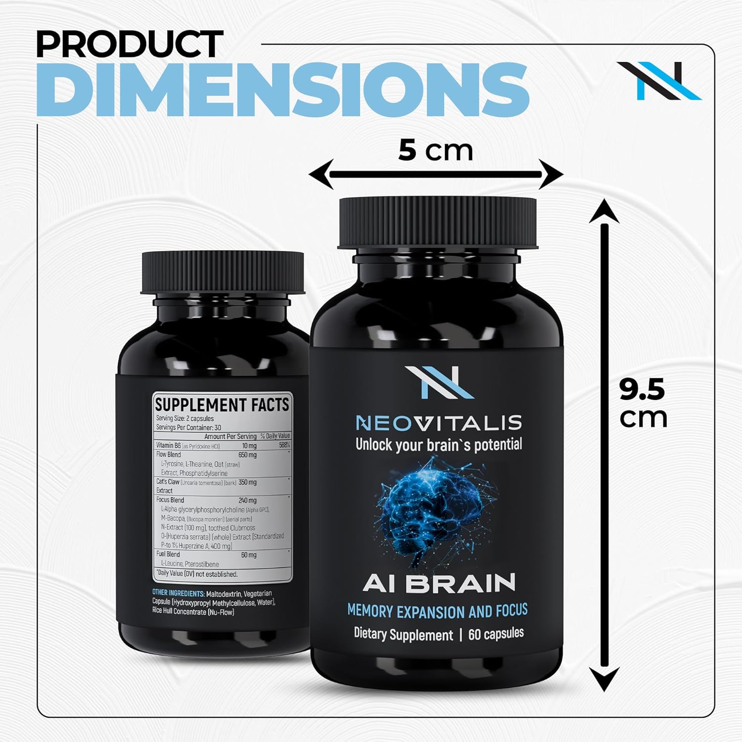 NeoVitalis Alpha Brain Nootropic Capsules - Cognitive Support Supplement for Memory & Focus - Vitamin B6, Herbal Extracts, Amino Acids - Caffeine-Free - 60 Capsules