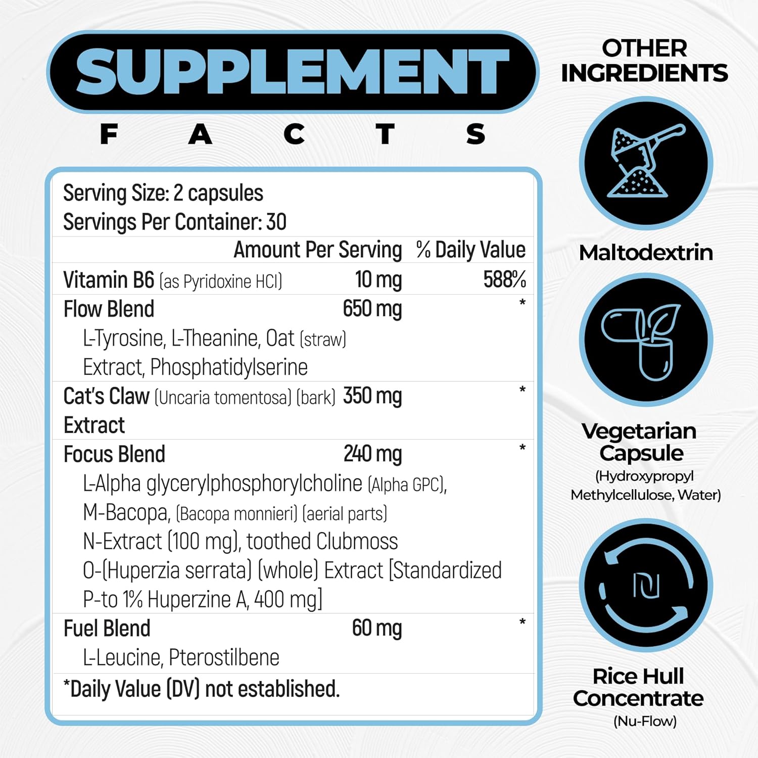 NeoVitalis Alpha Brain Nootropic Capsules - Cognitive Support Supplement for Memory & Focus - Vitamin B6, Herbal Extracts, Amino Acids - Caffeine-Free - 60 Capsules