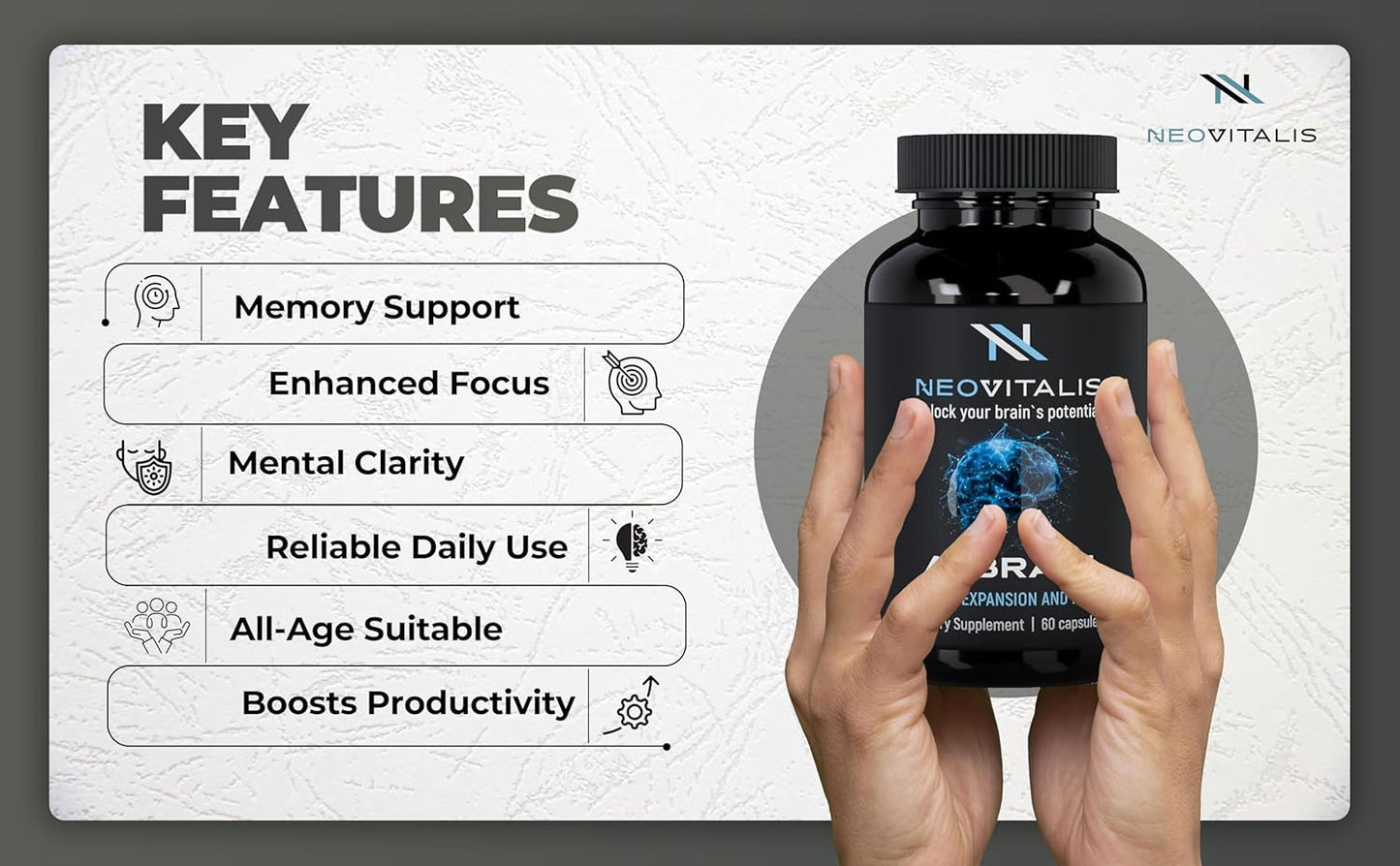 NeoVitalis Alpha Brain Nootropic Capsules - Cognitive Support Supplement for Memory & Focus - Vitamin B6, Herbal Extracts, Amino Acids - Caffeine-Free - 60 Capsules