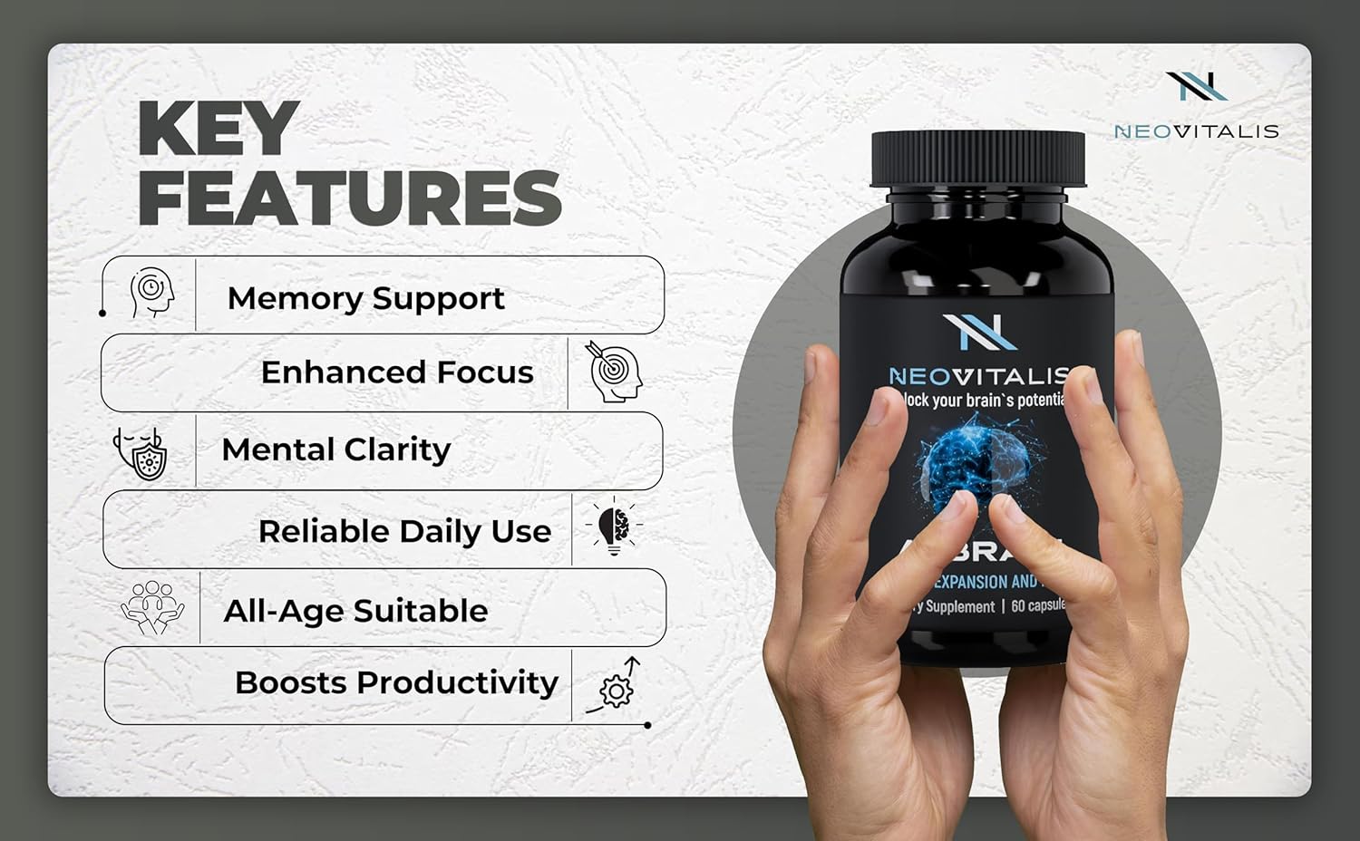 NeoVitalis Alpha Brain Nootropic Capsules - Cognitive Support Supplement for Memory & Focus - Vitamin B6, Herbal Extracts, Amino Acids - Caffeine-Free - 60 Capsules