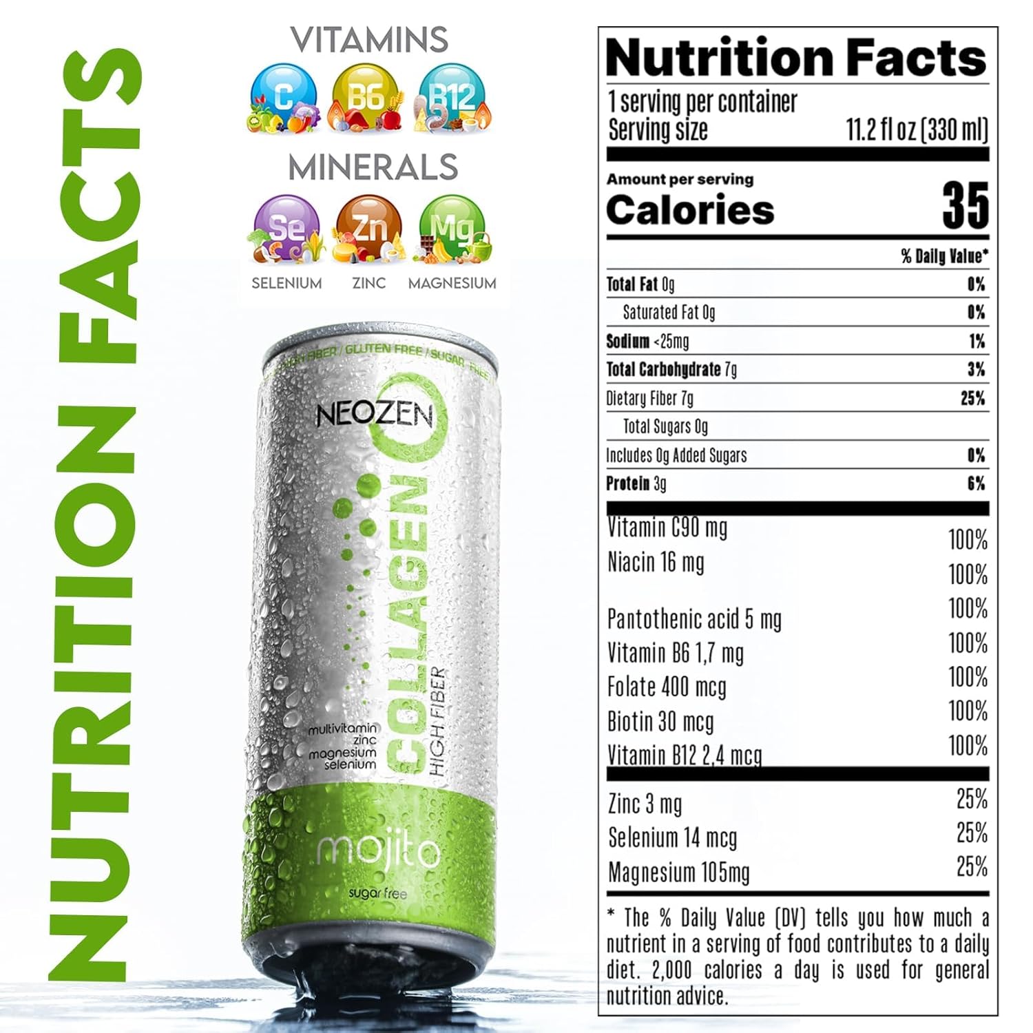 NEOZEN Collagen Sparkling Drink with Dietary Fiber - Balanced Nutrients, Sugar-Free, Keto-Friendly - Gluten & Caffeine Free - 11.2 fl oz (12 Pack)